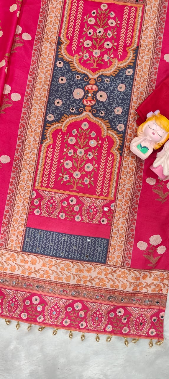 Rani Pink Maslin Mirror Work Kurta Set with Dupatta