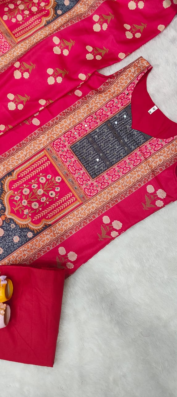 Rani Pink Maslin Mirror Work Kurta Set with Dupatta