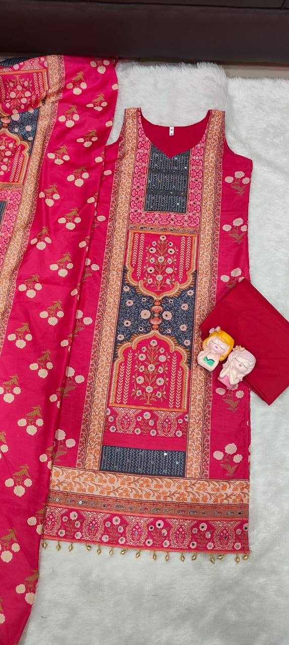 Rani Pink Maslin Mirror Work Kurta Set with Dupatta