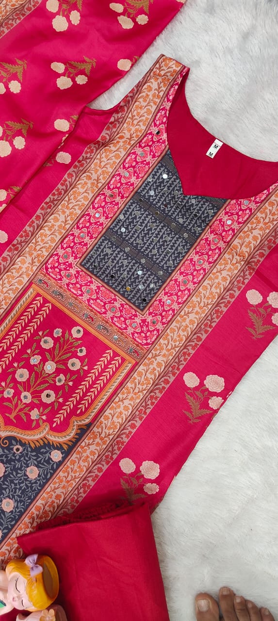 Rani Pink Maslin Mirror Work Kurta Set with Dupatta