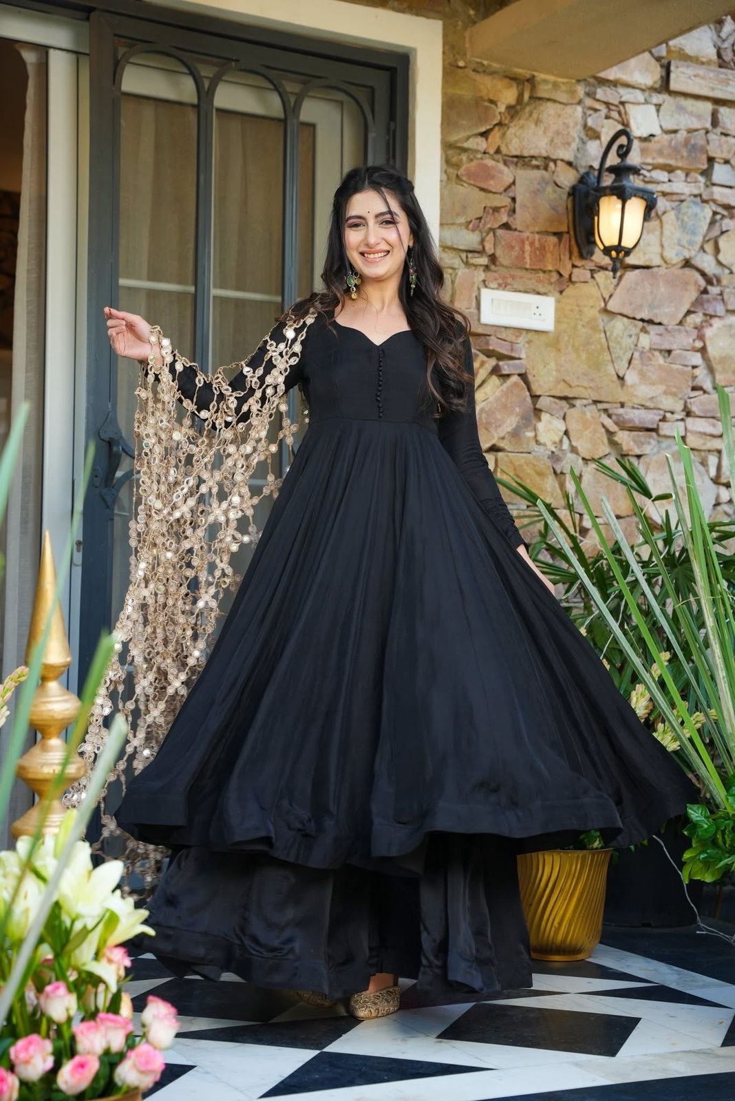 Black Anarkali Set with Flared Bottom & Mirror Work Dupatta