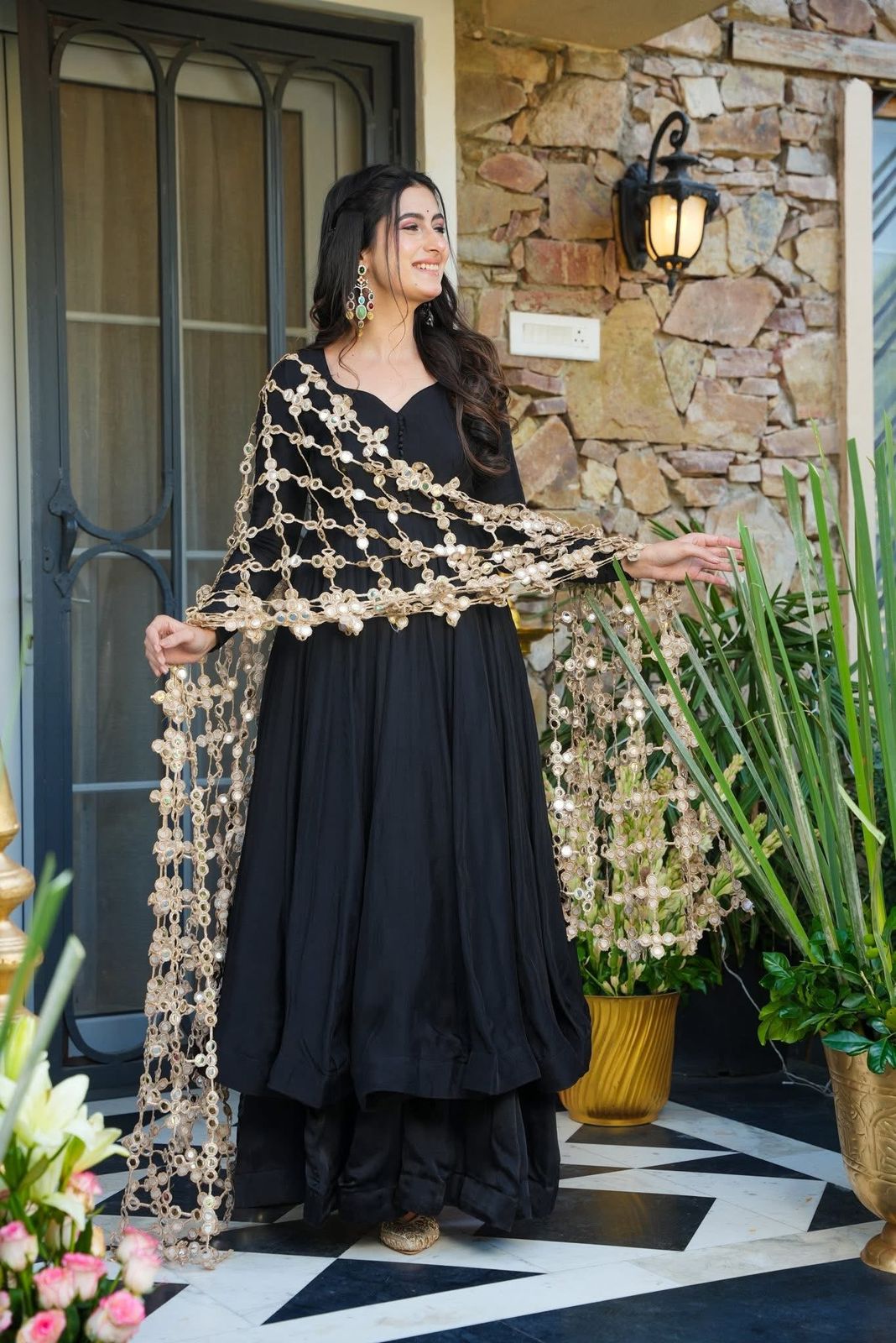 Black Anarkali Set with Flared Bottom & Mirror Work Dupatta