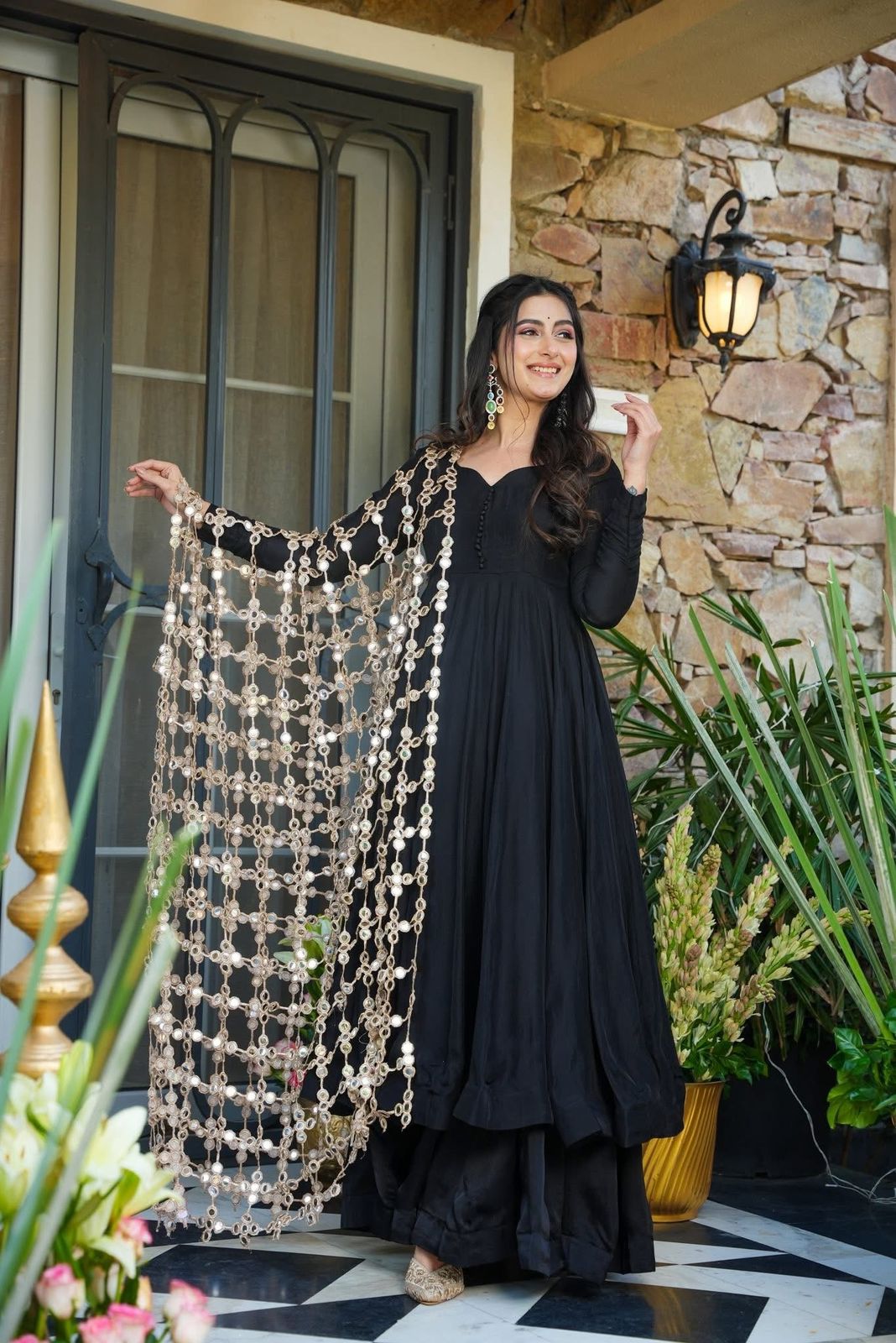 Black Anarkali Set with Flared Bottom & Mirror Work Dupatta