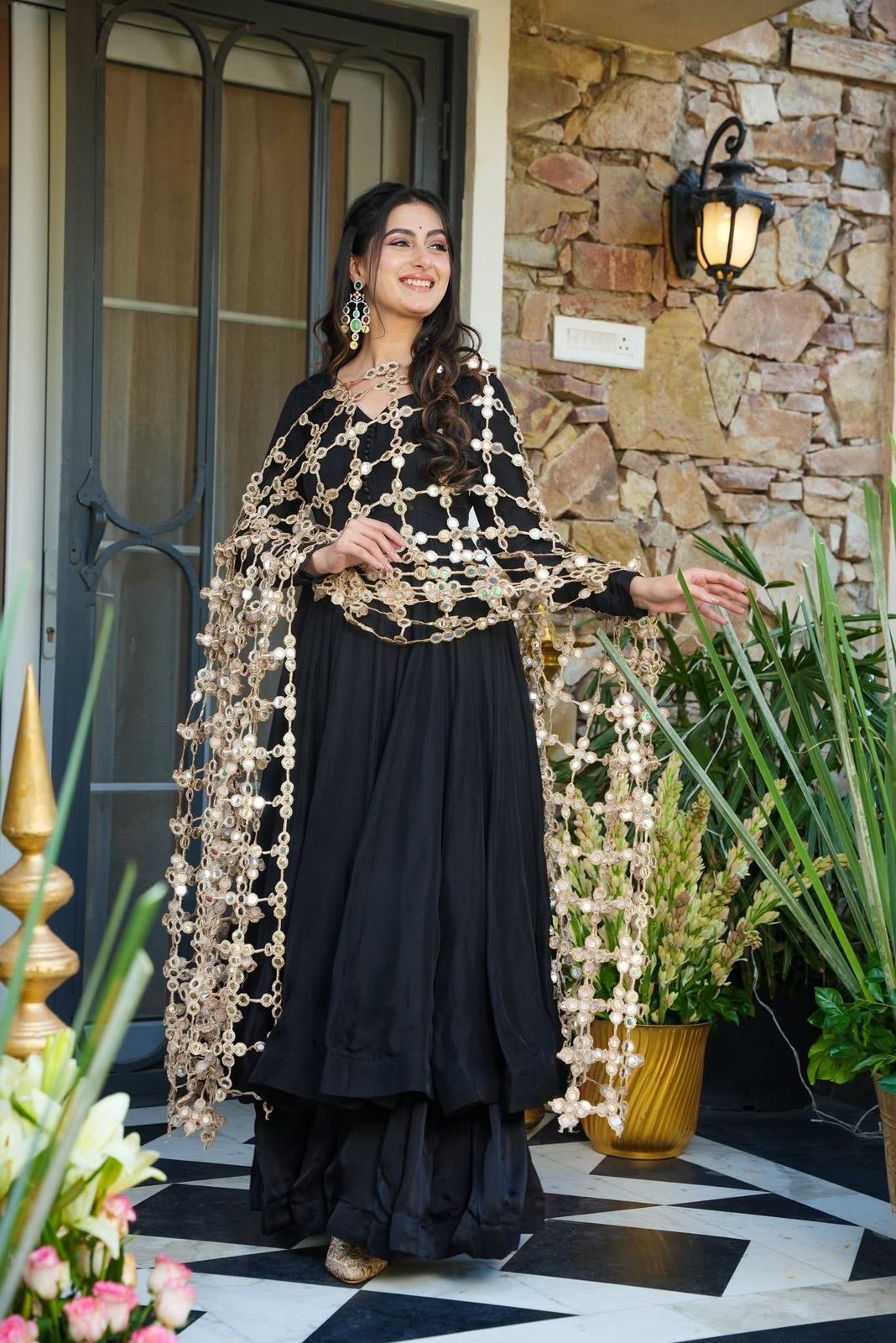 Black Anarkali Set with Flared Bottom & Mirror Work Dupatta