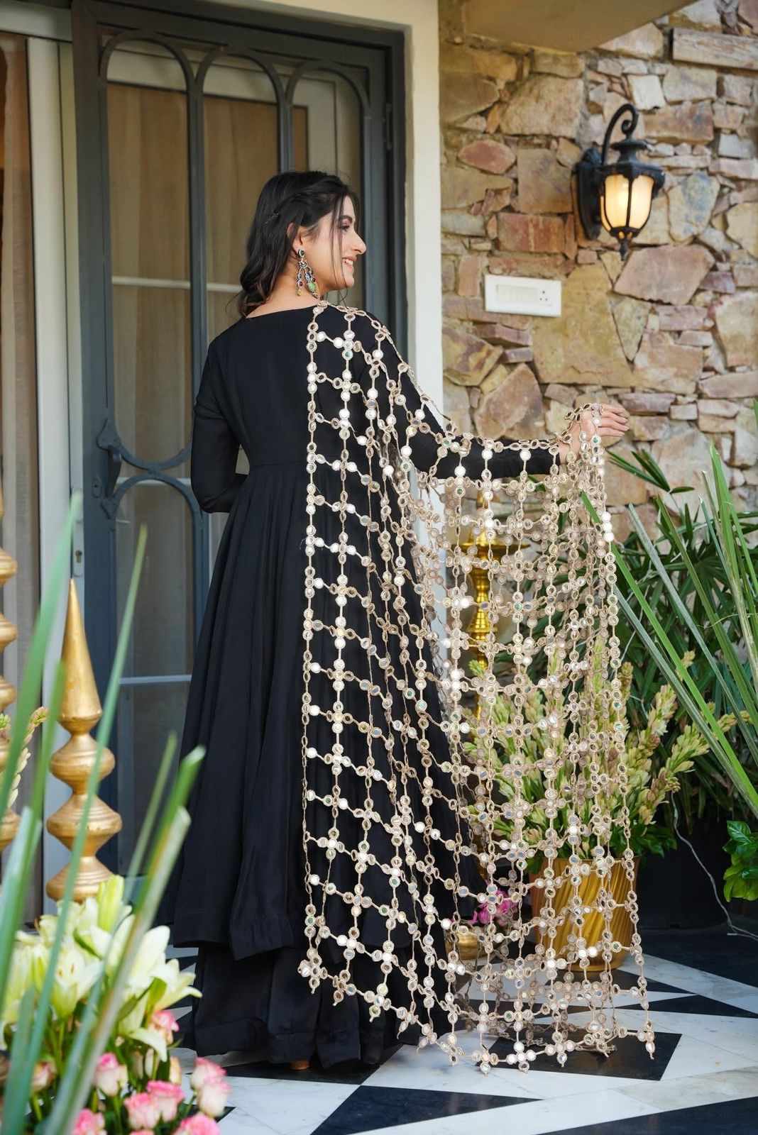 Black Anarkali Set with Flared Bottom & Mirror Work Dupatta