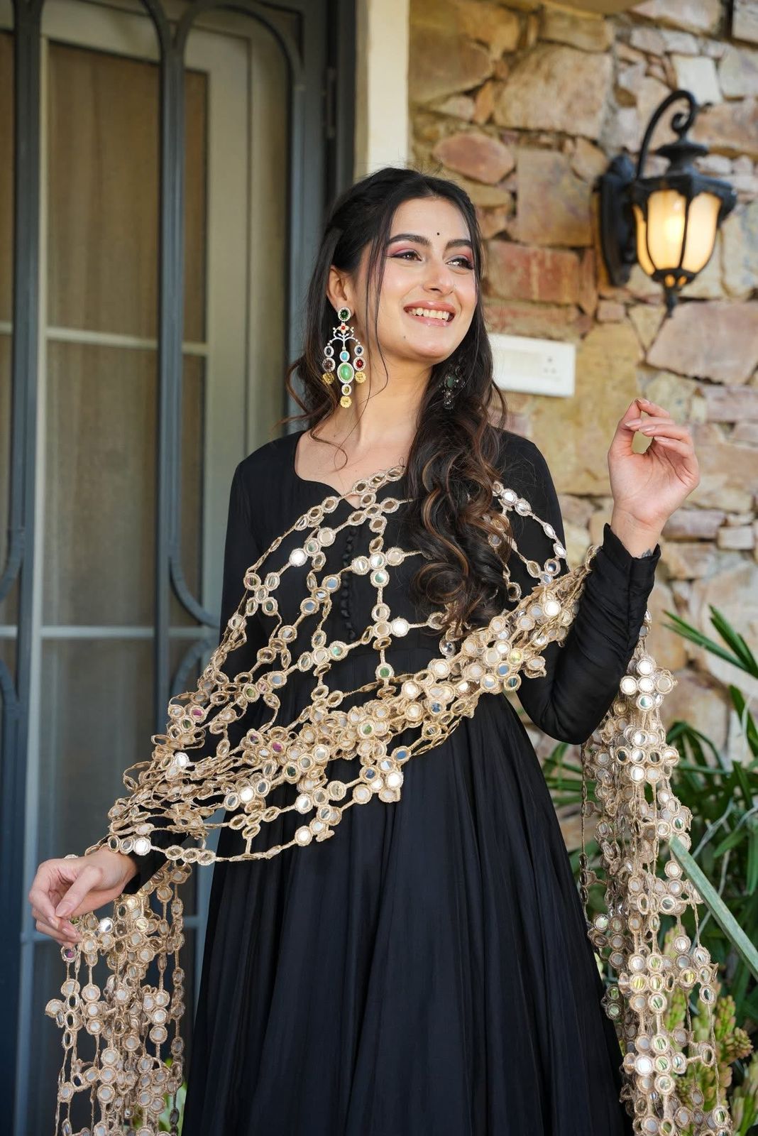 Black Anarkali Set with Flared Bottom & Mirror Work Dupatta