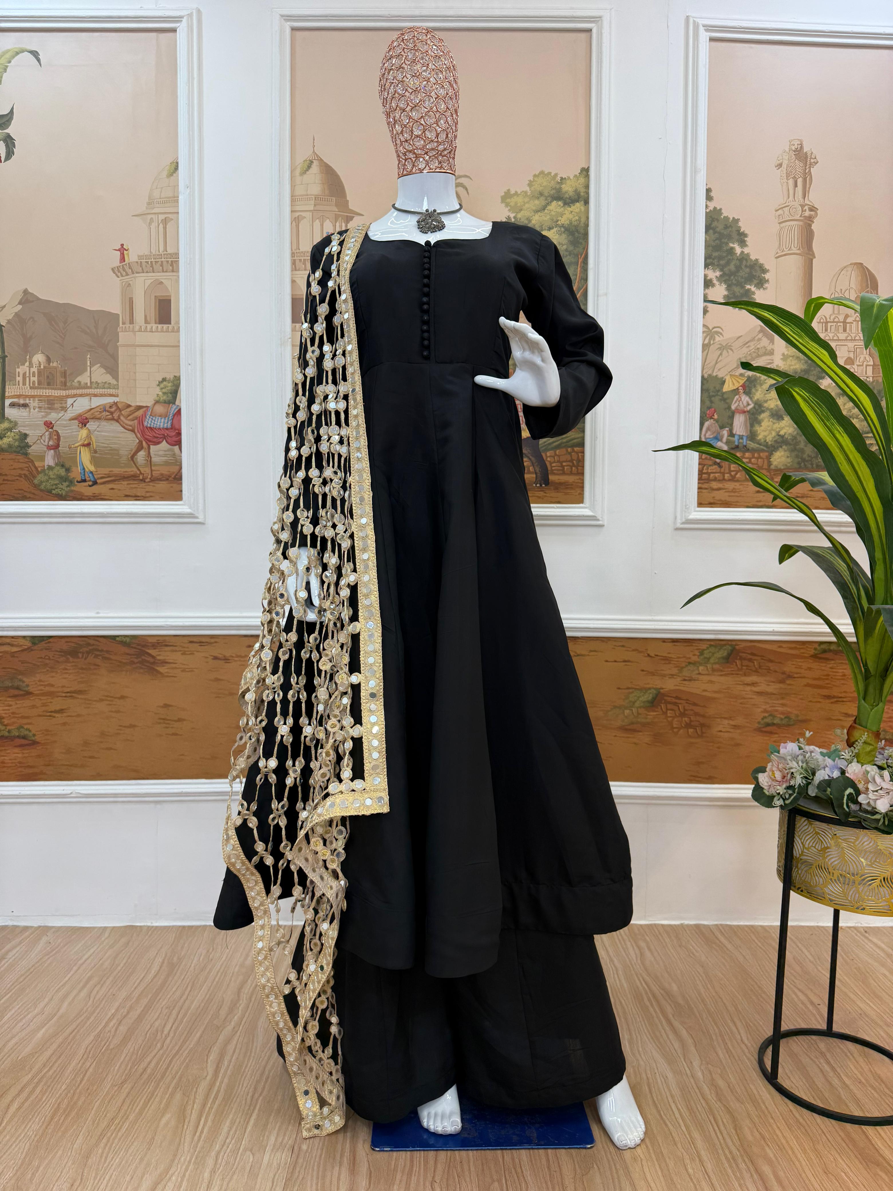 Black Anarkali Set with Flared Bottom & Mirror Work Dupatta