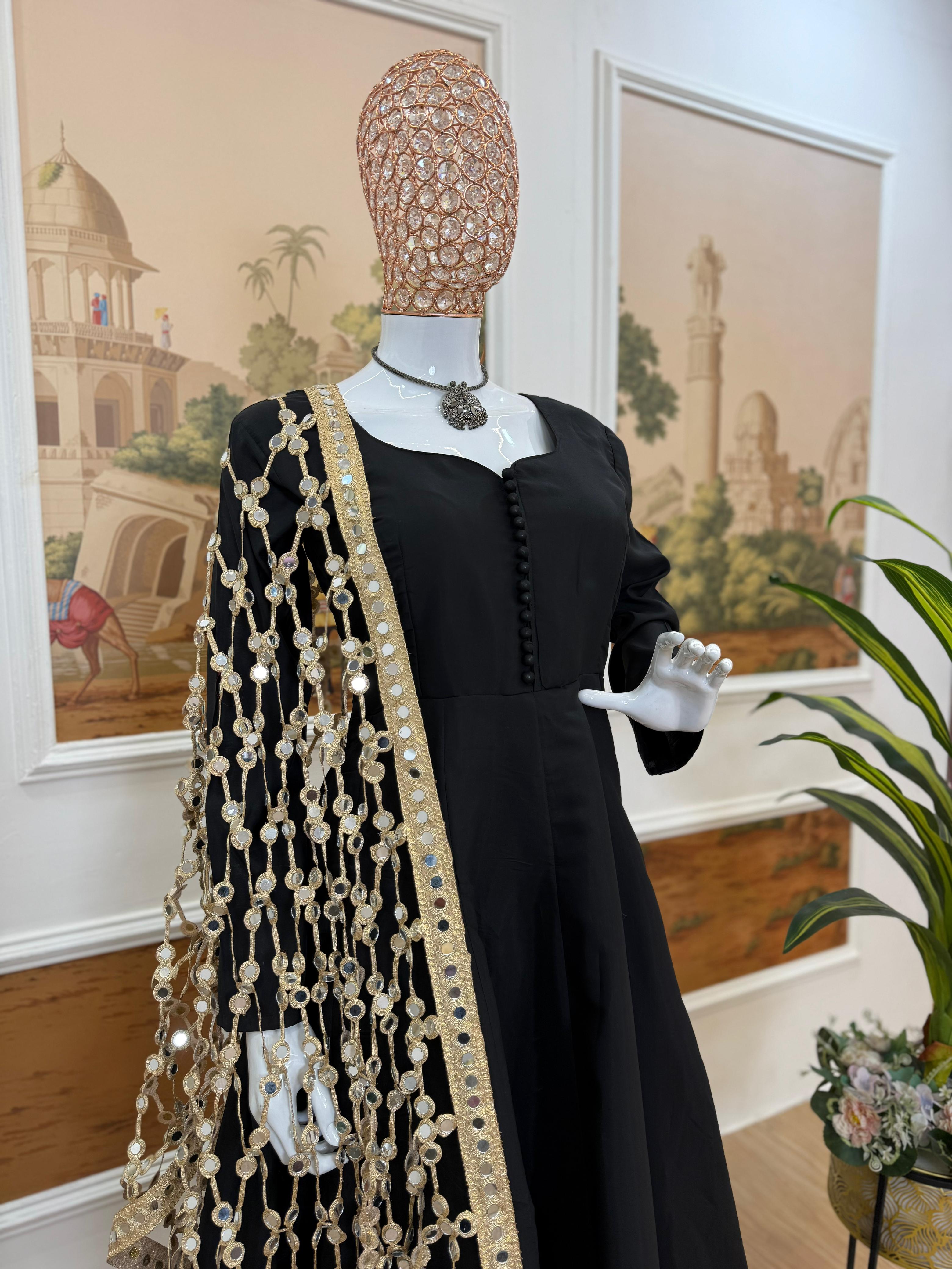 Black Anarkali Set with Flared Bottom & Mirror Work Dupatta