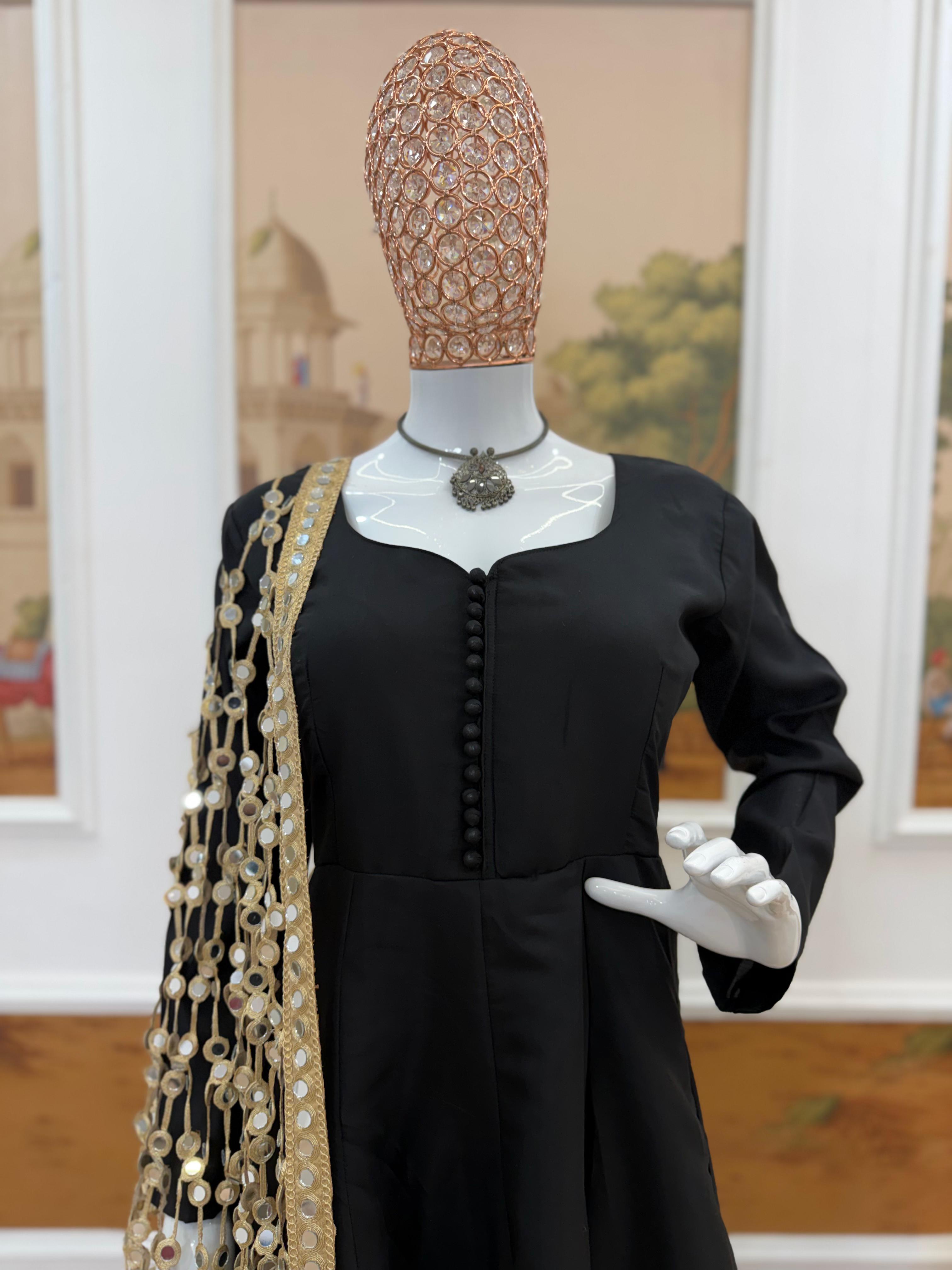 Black Anarkali Set with Flared Bottom & Mirror Work Dupatta