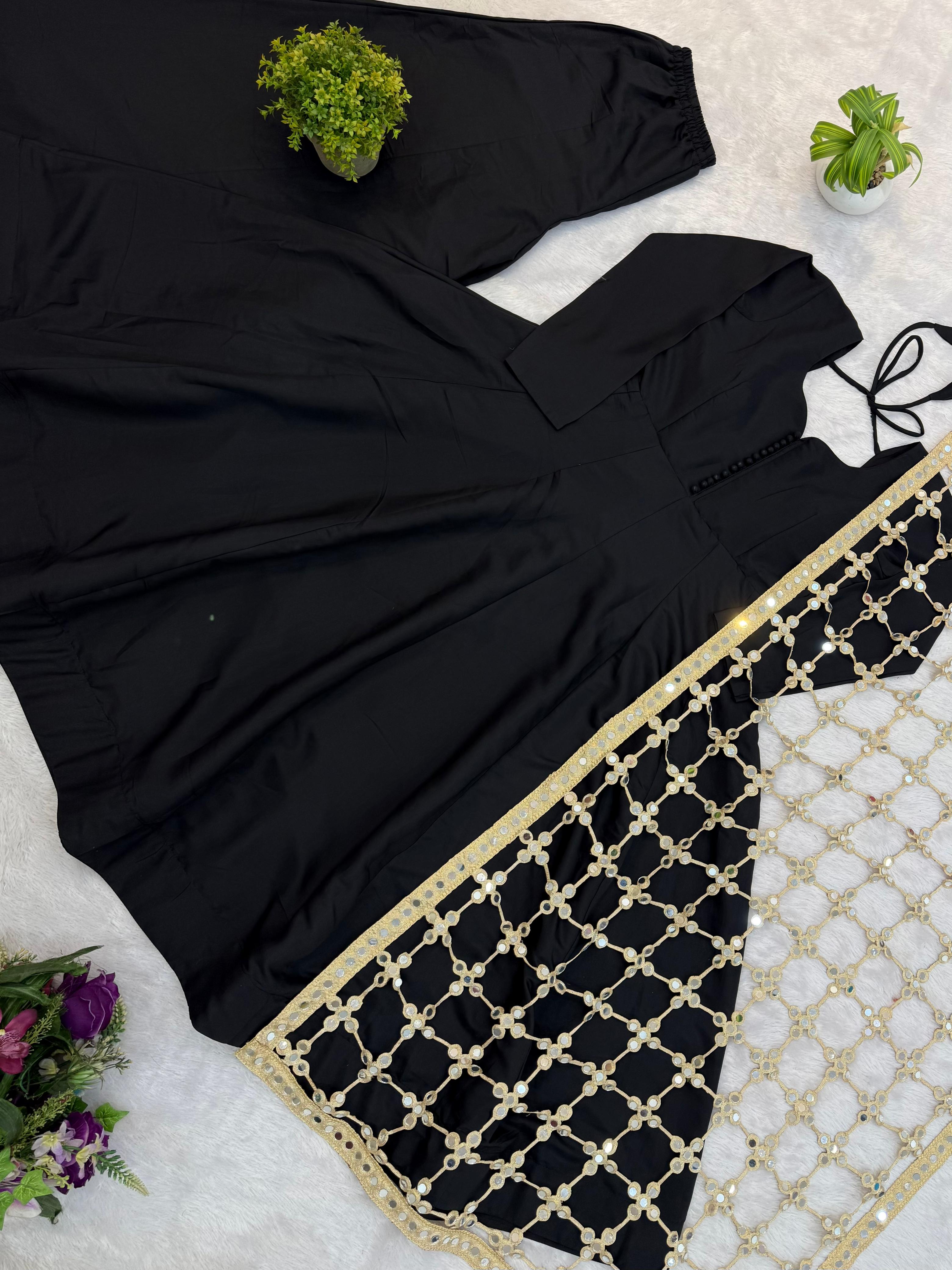 Black Anarkali Set with Flared Bottom & Mirror Work Dupatta