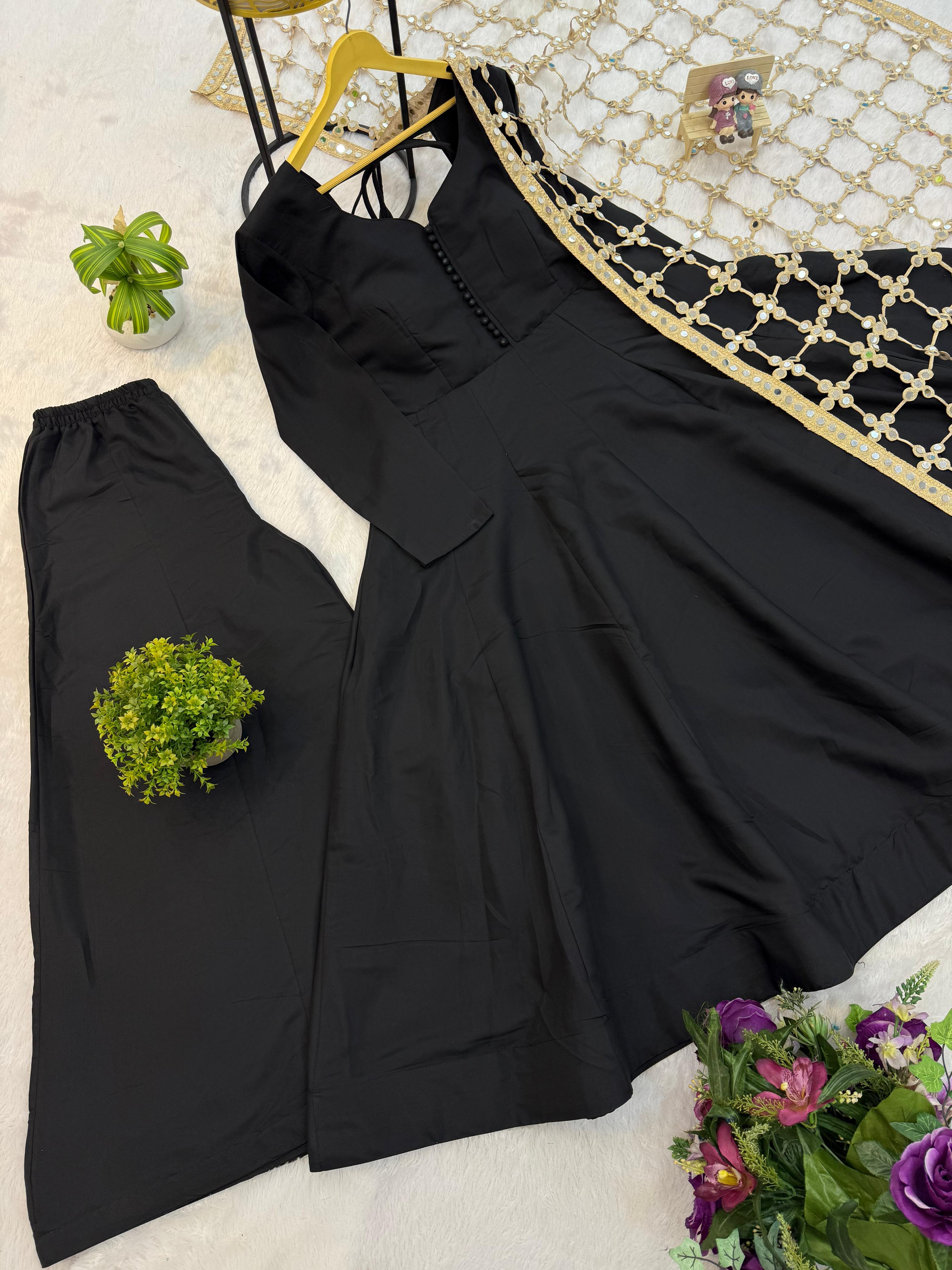 Black Anarkali Set with Flared Bottom & Mirror Work Dupatta