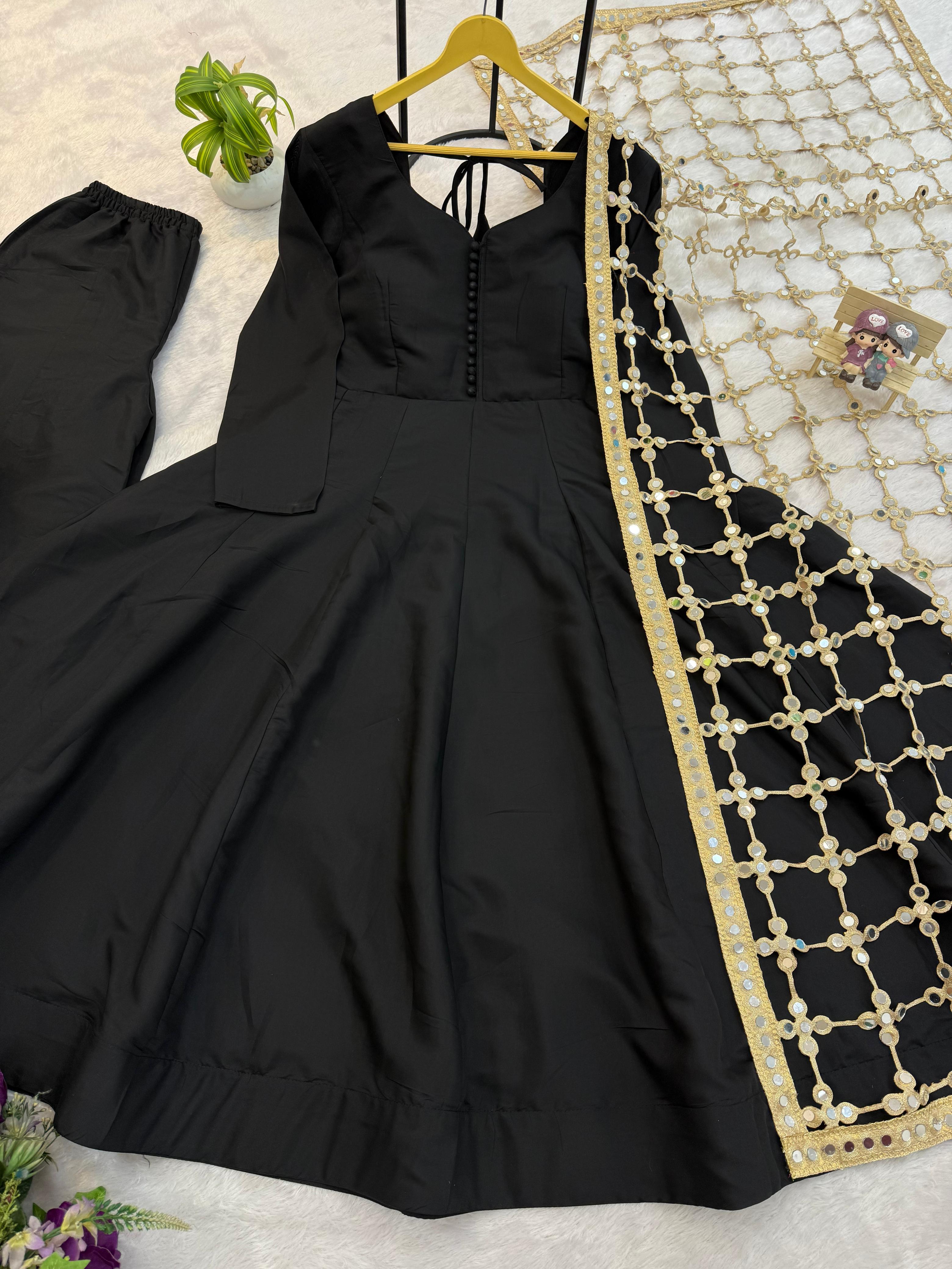 Black Anarkali Set with Flared Bottom & Mirror Work Dupatta