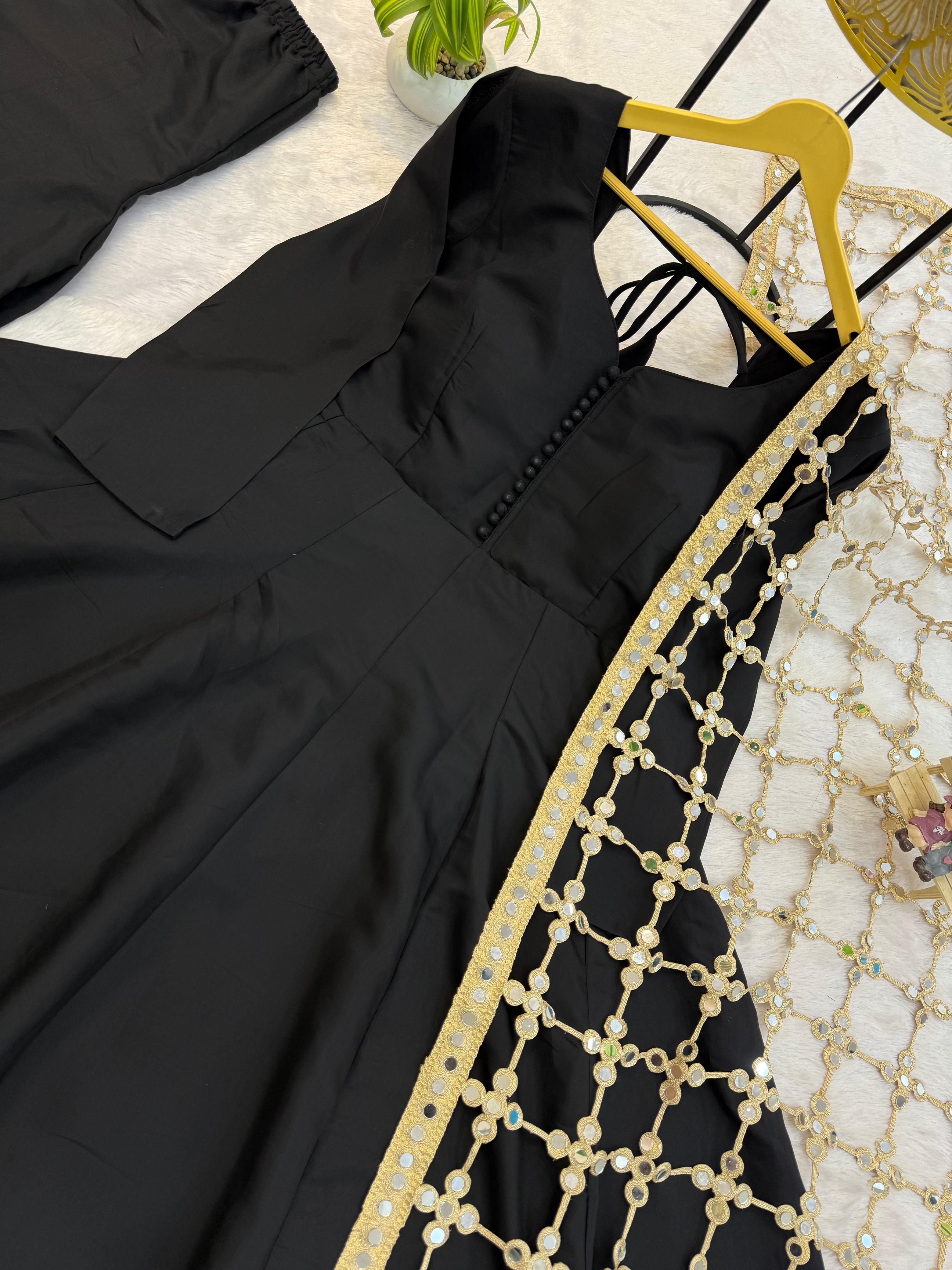 Black Anarkali Set with Flared Bottom & Mirror Work Dupatta