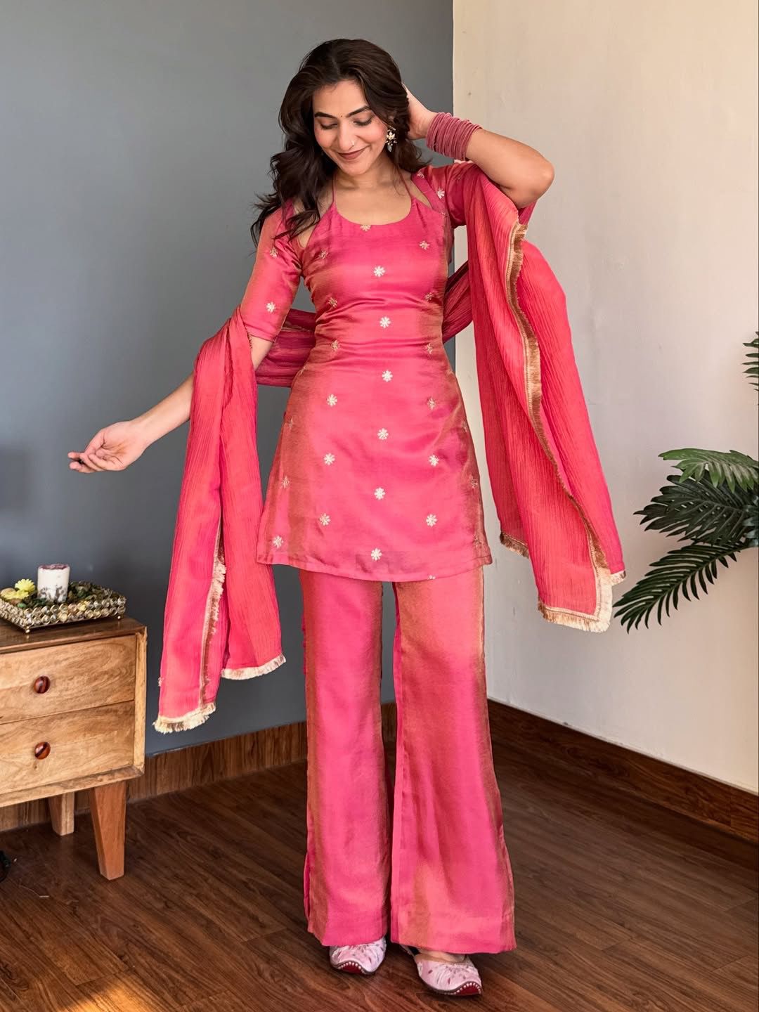 Rose Pink Designer NC Silk Top & Pant Set with Embroidered Dupatta