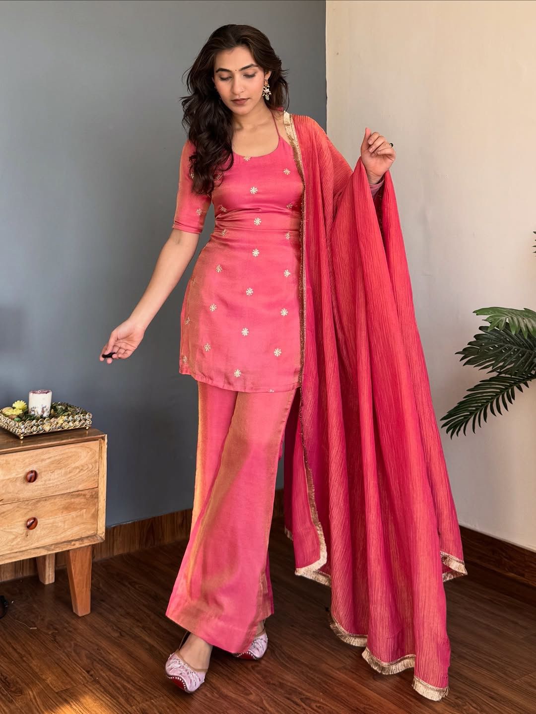 Rose Pink Designer NC Silk Top & Pant Set with Embroidered Dupatta