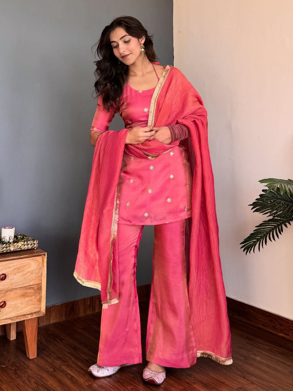 Rose Pink Designer NC Silk Top & Pant Set with Embroidered Dupatta