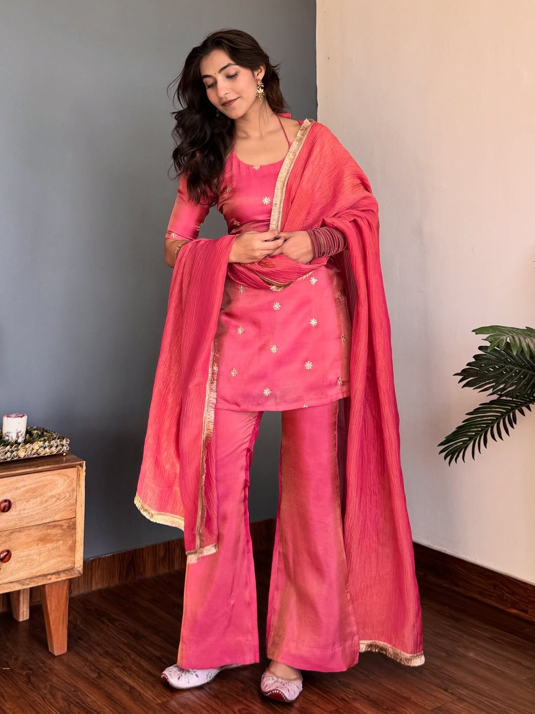 Rose Pink Designer NC Silk Top & Pant Set with Embroidered Dupatta