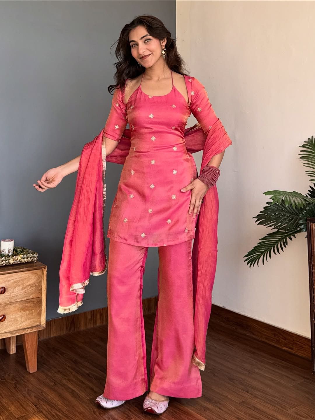 Rose Pink Designer NC Silk Top & Pant Set with Embroidered Dupatta