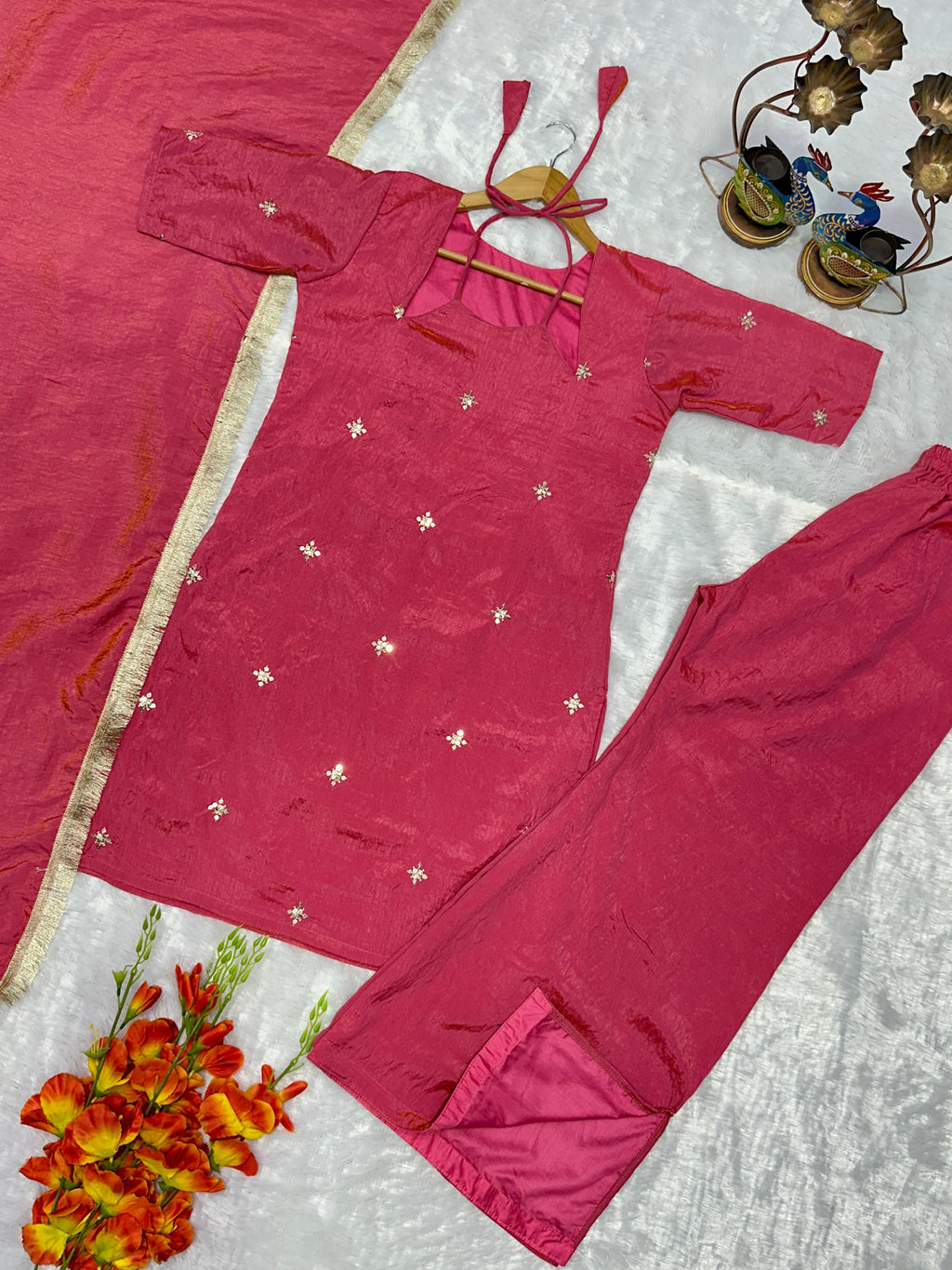 Rose Pink Designer NC Silk Top & Pant Set with Embroidered Dupatta