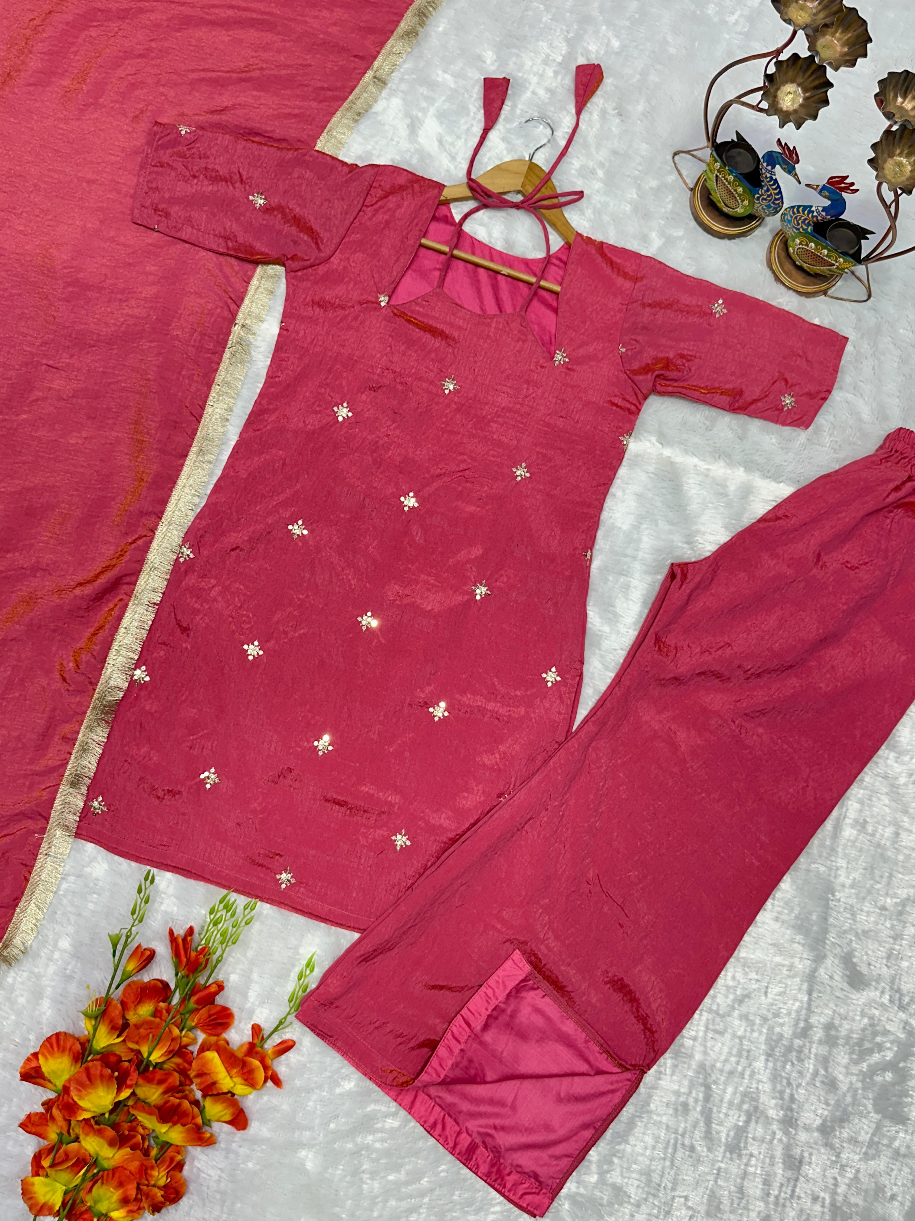Rose Pink Designer NC Silk Top & Pant Set with Embroidered Dupatta