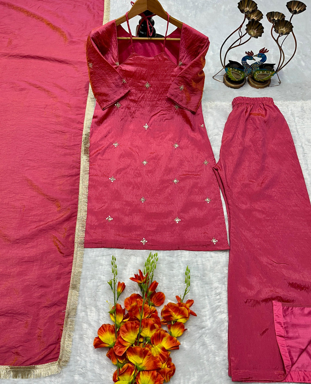 Rose Pink Designer NC Silk Top & Pant Set with Embroidered Dupatta