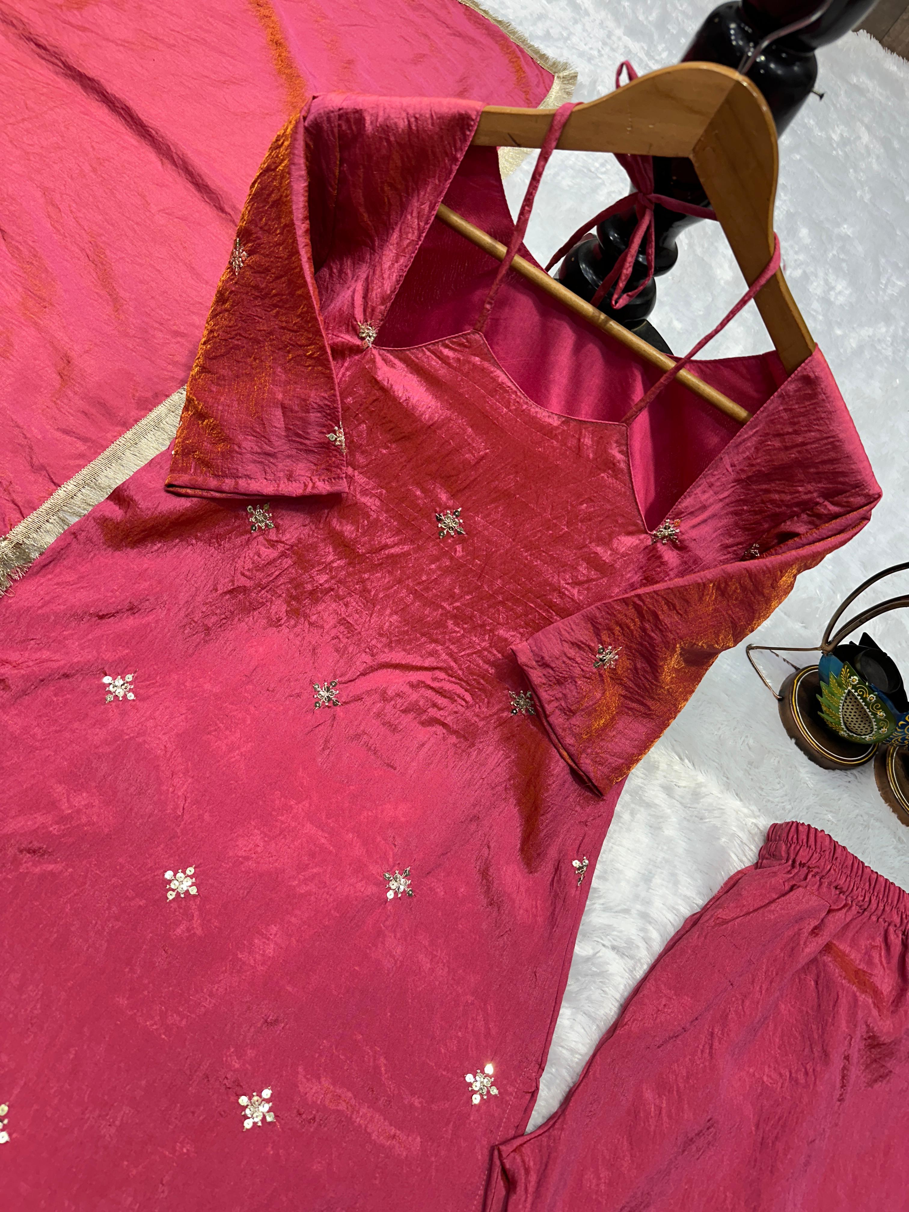 Rose Pink Designer NC Silk Top & Pant Set with Embroidered Dupatta