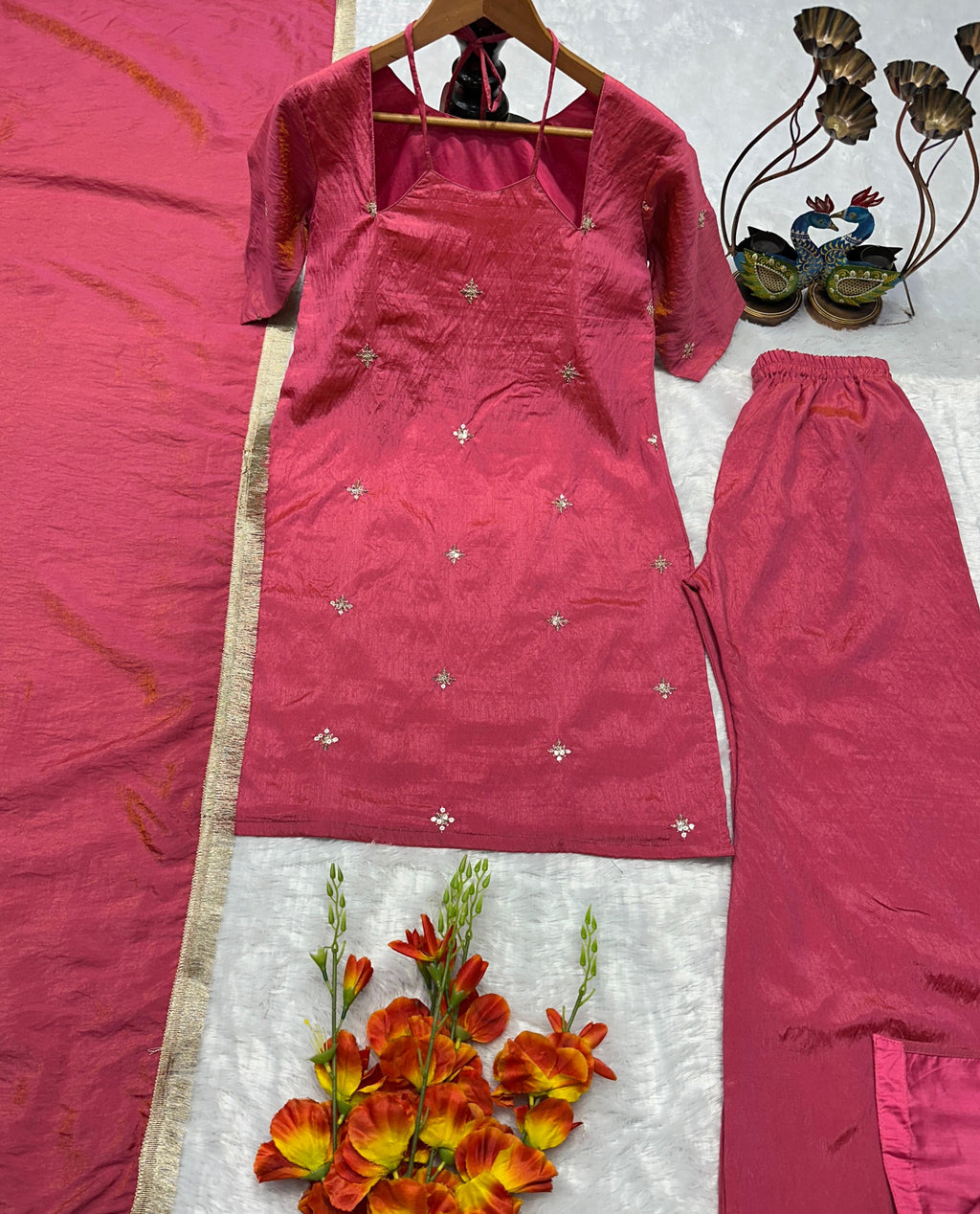 Rose Pink Designer NC Silk Top & Pant Set with Embroidered Dupatta