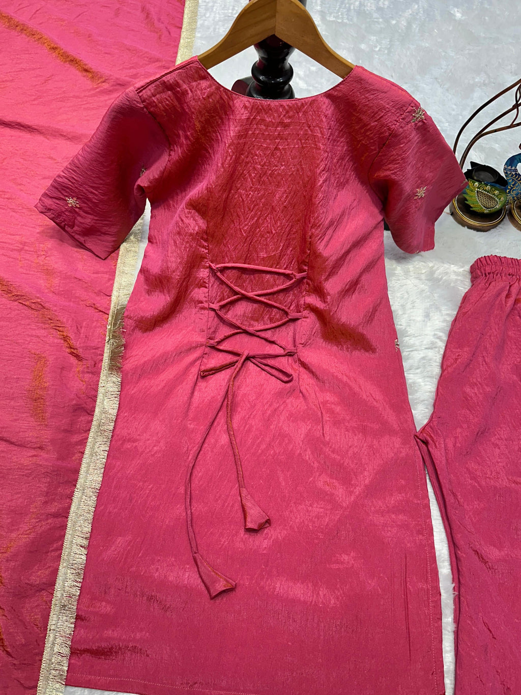 Rose Pink Designer NC Silk Top & Pant Set with Embroidered Dupatta