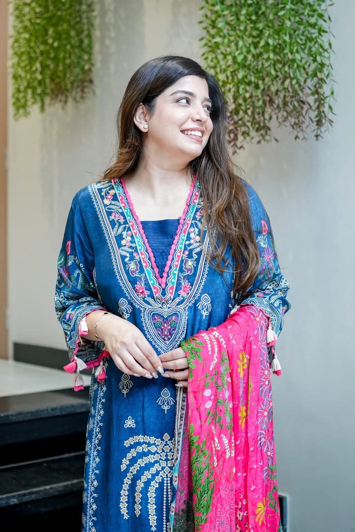 Blue Premium Muslin Kurti Pant Dupatta Set with Handwork