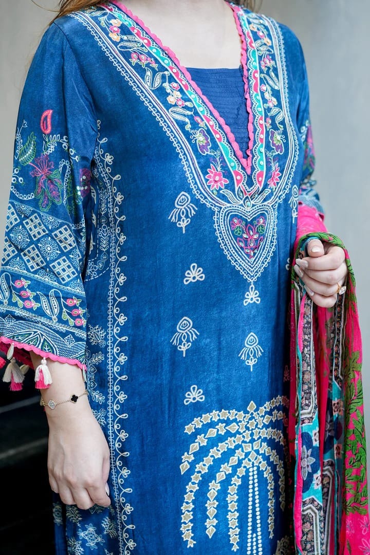 Blue Premium Muslin Kurti Pant Dupatta Set with Handwork