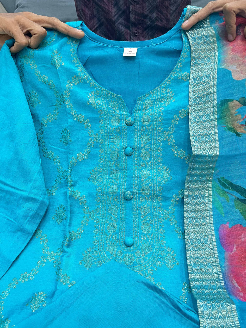 Teal Blue Banarasi Zari Work Kurti Pant Dupatta Set