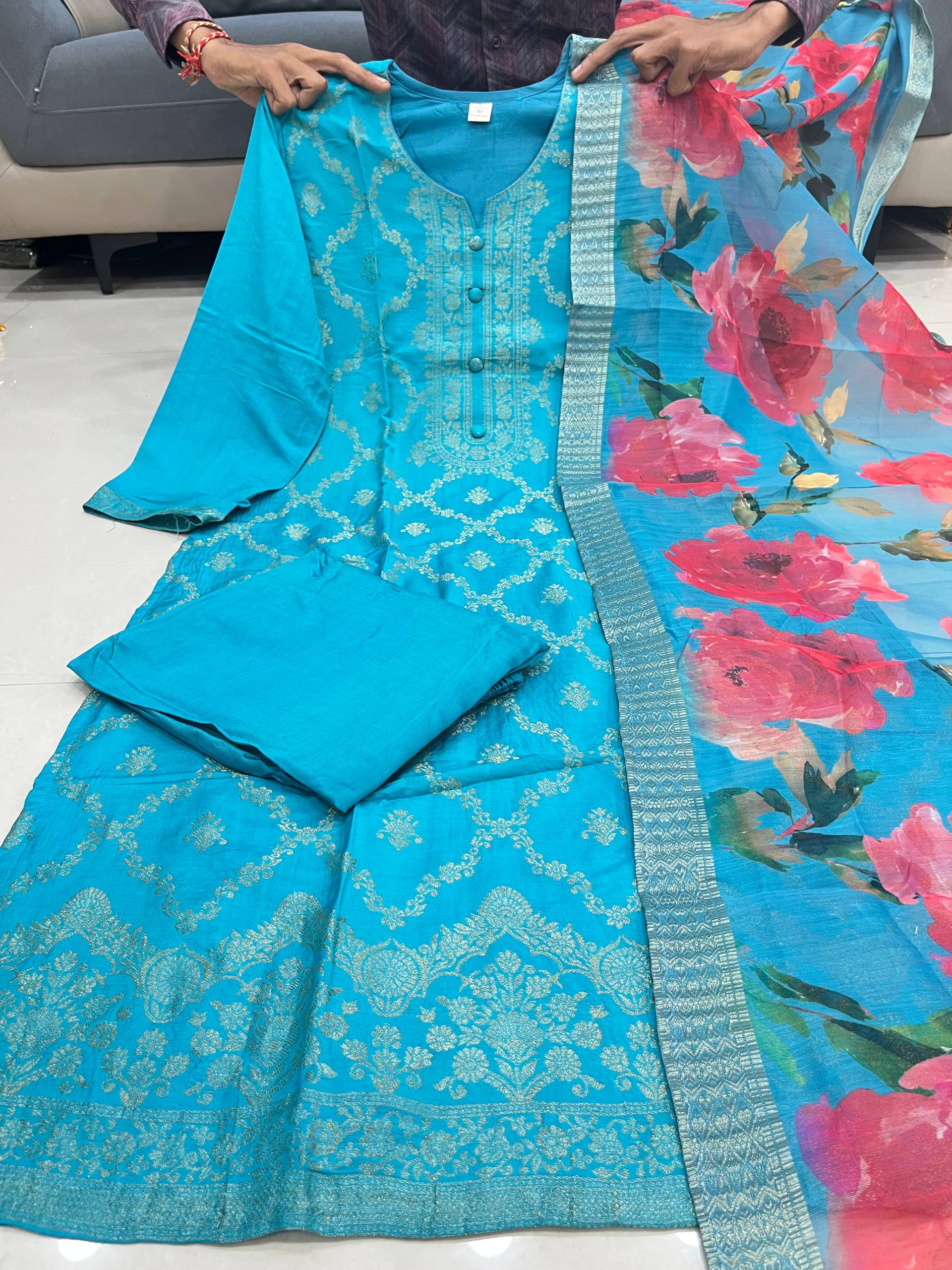 Teal Blue Banarasi Zari Work Kurti Pant Dupatta Set