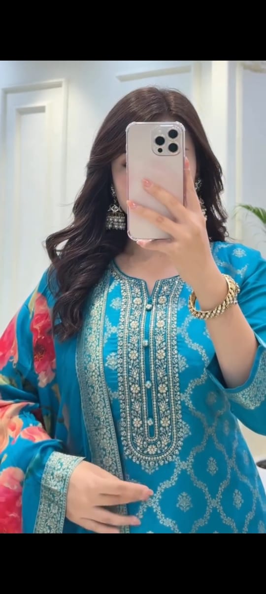 Teal Blue Banarasi Zari Work Kurti Pant Dupatta Set