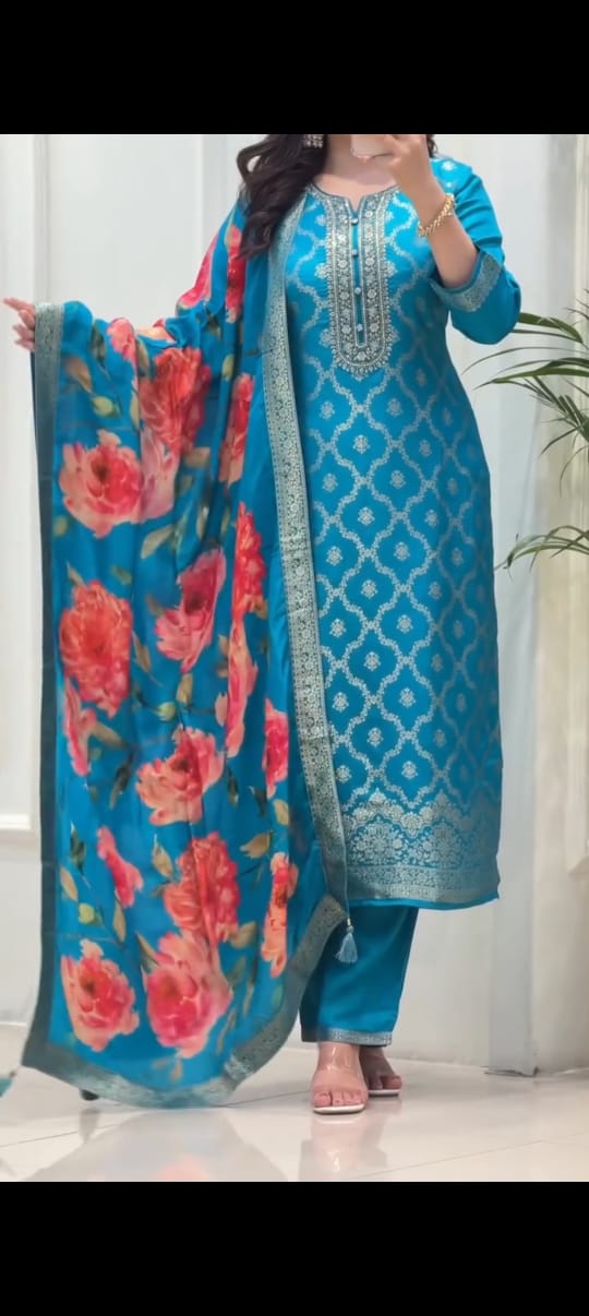Teal Blue Banarasi Zari Work Kurti Pant Dupatta Set