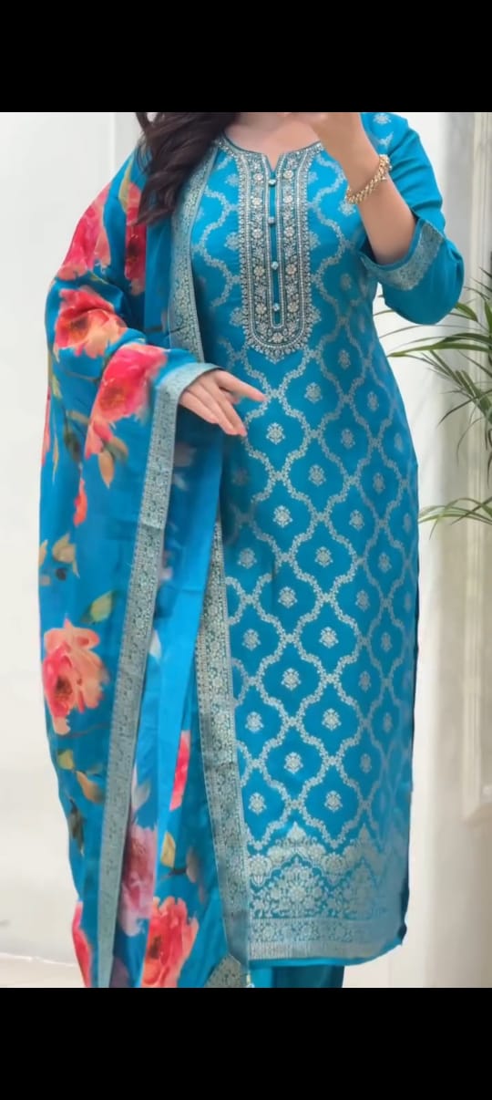 Teal Blue Banarasi Zari Work Kurti Pant Dupatta Set