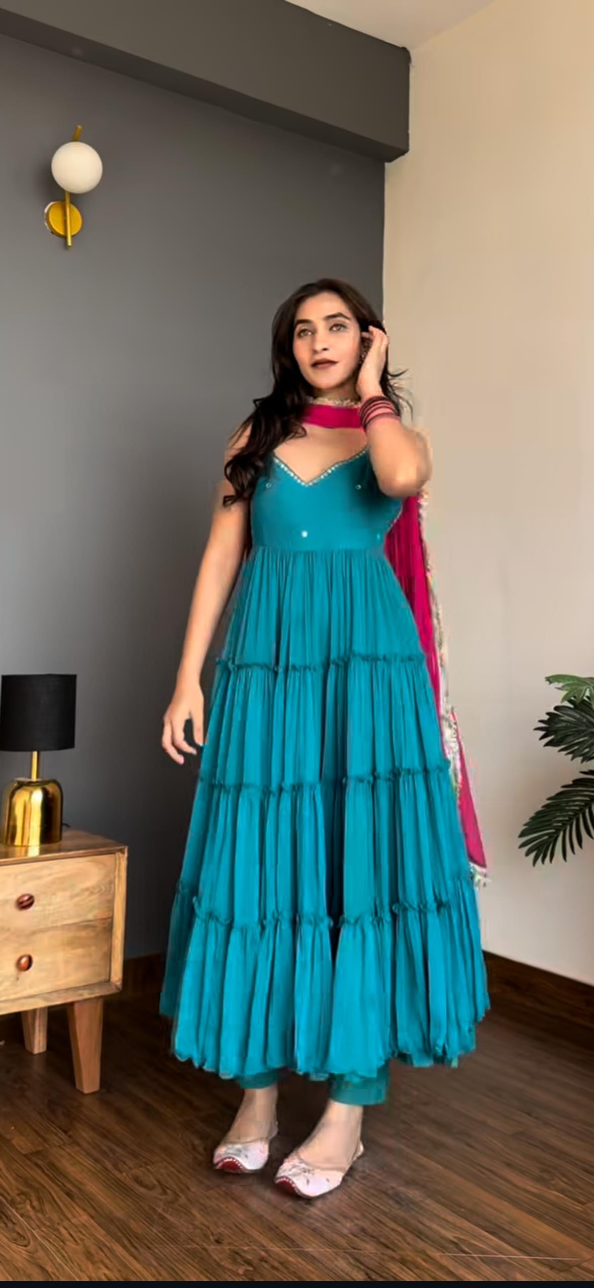 Green Georgette Chiffon Gown Pant Dupatta Set