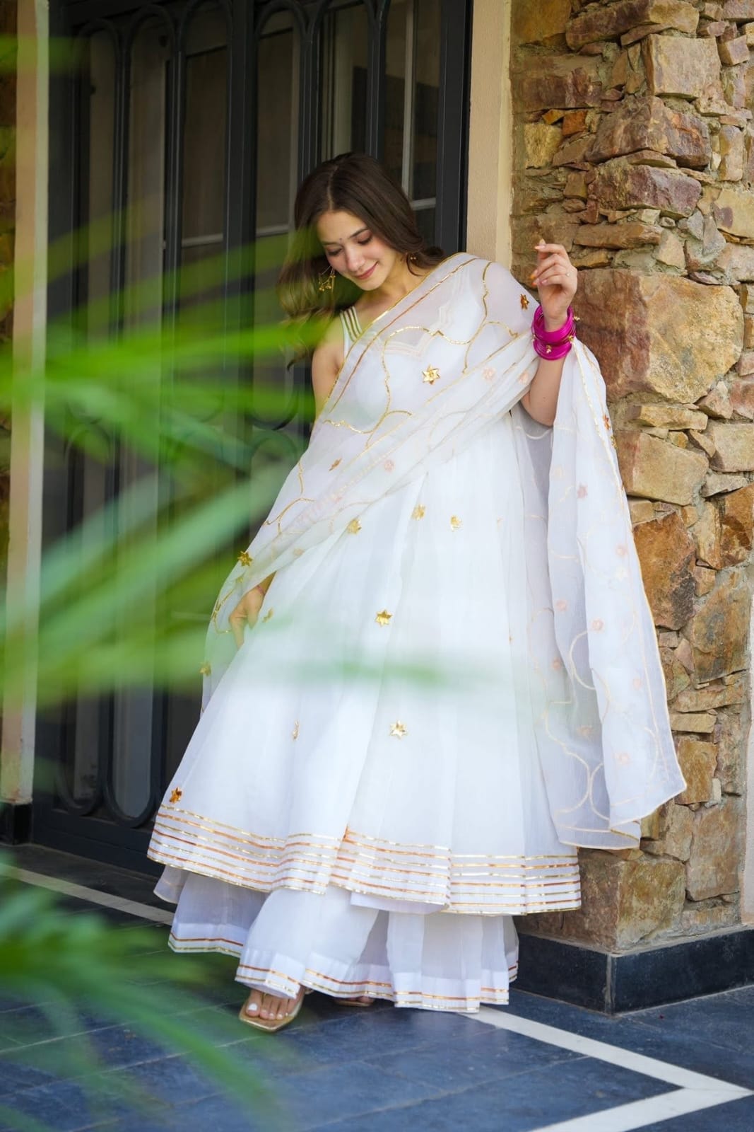 White Anarkali Suit Set with Flared Palazzo & Dupatta