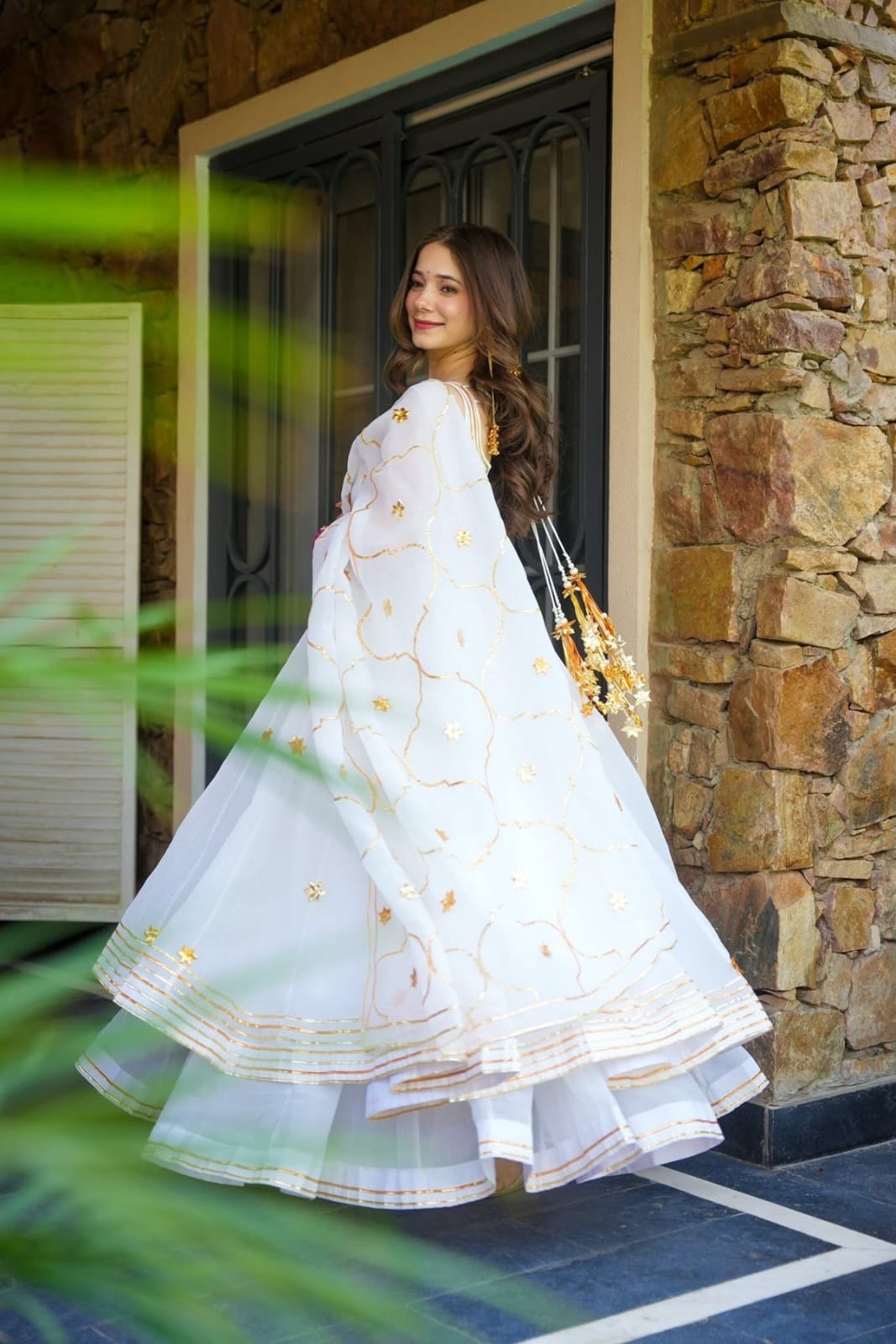 White Anarkali Suit Set with Flared Palazzo & Dupatta