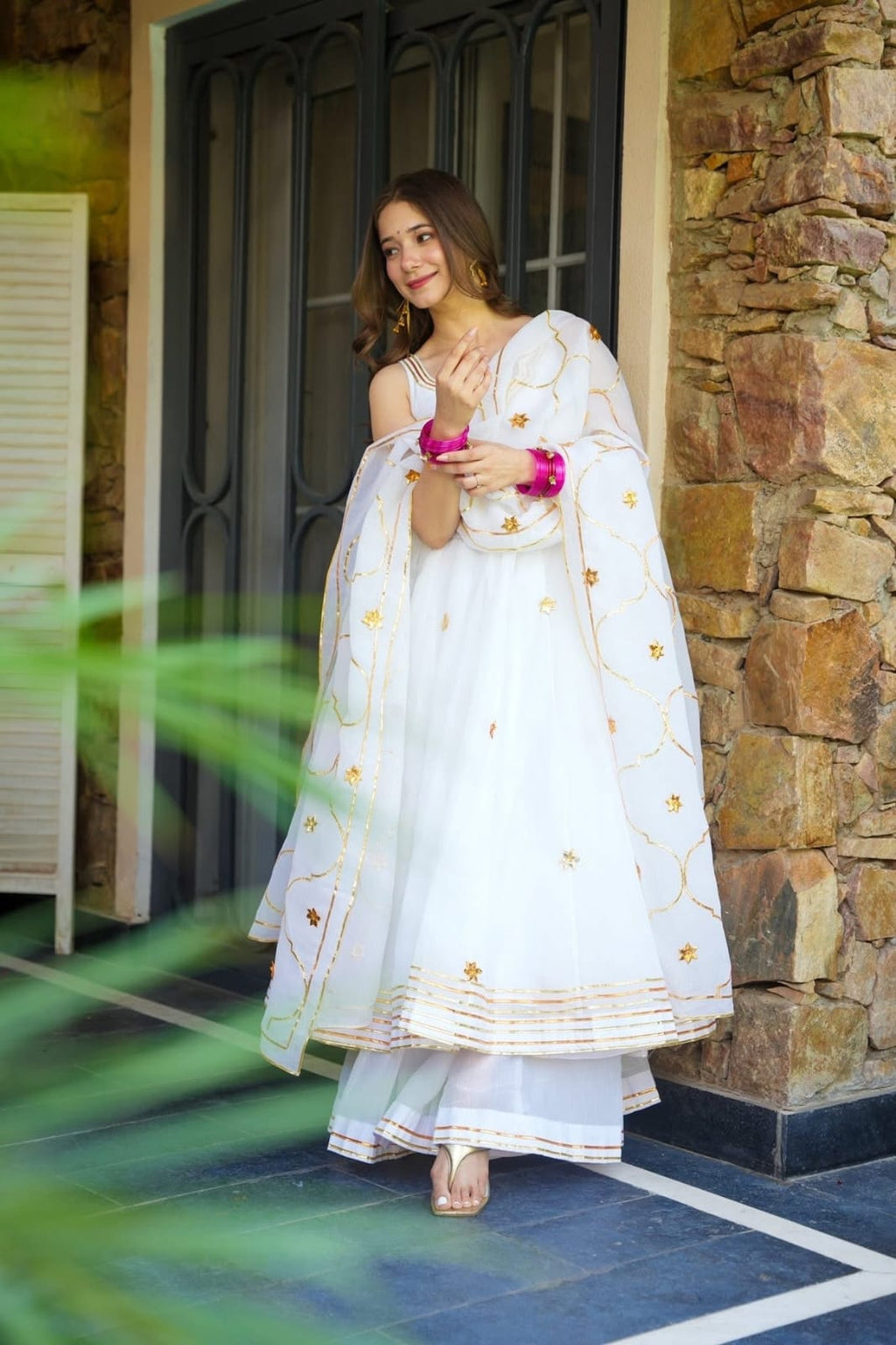 White Anarkali Suit Set with Flared Palazzo & Dupatta