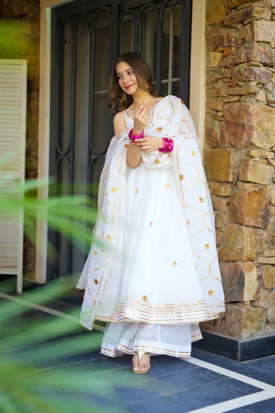 White Anarkali Suit Set with Flared Palazzo & Dupatta