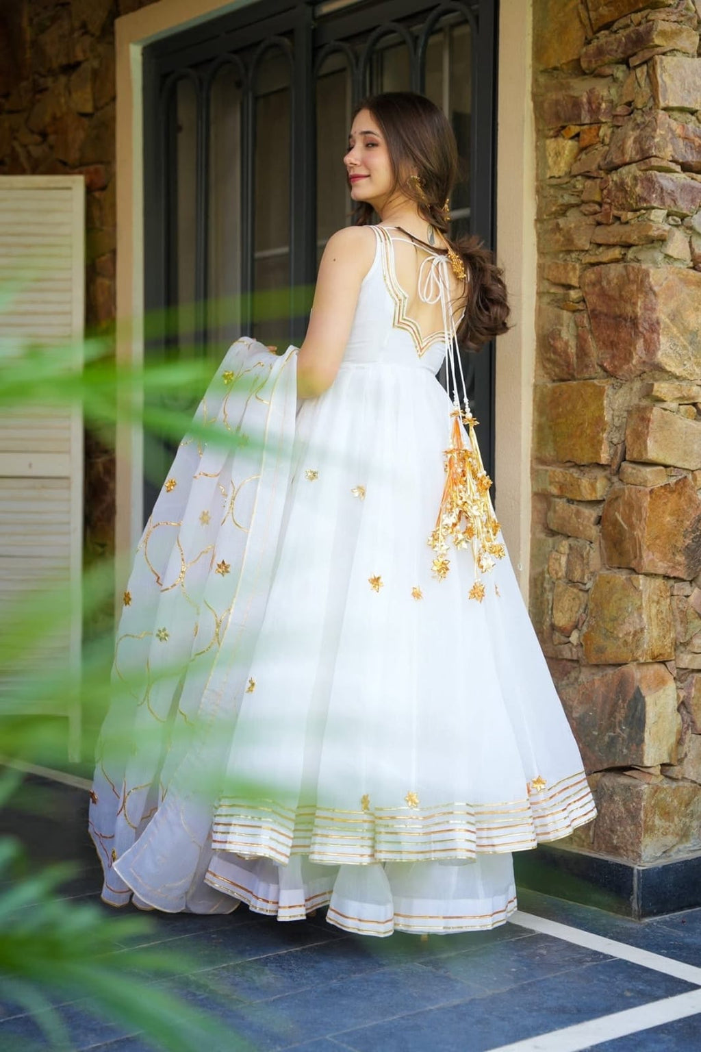 White Anarkali Suit Set with Flared Palazzo & Dupatta