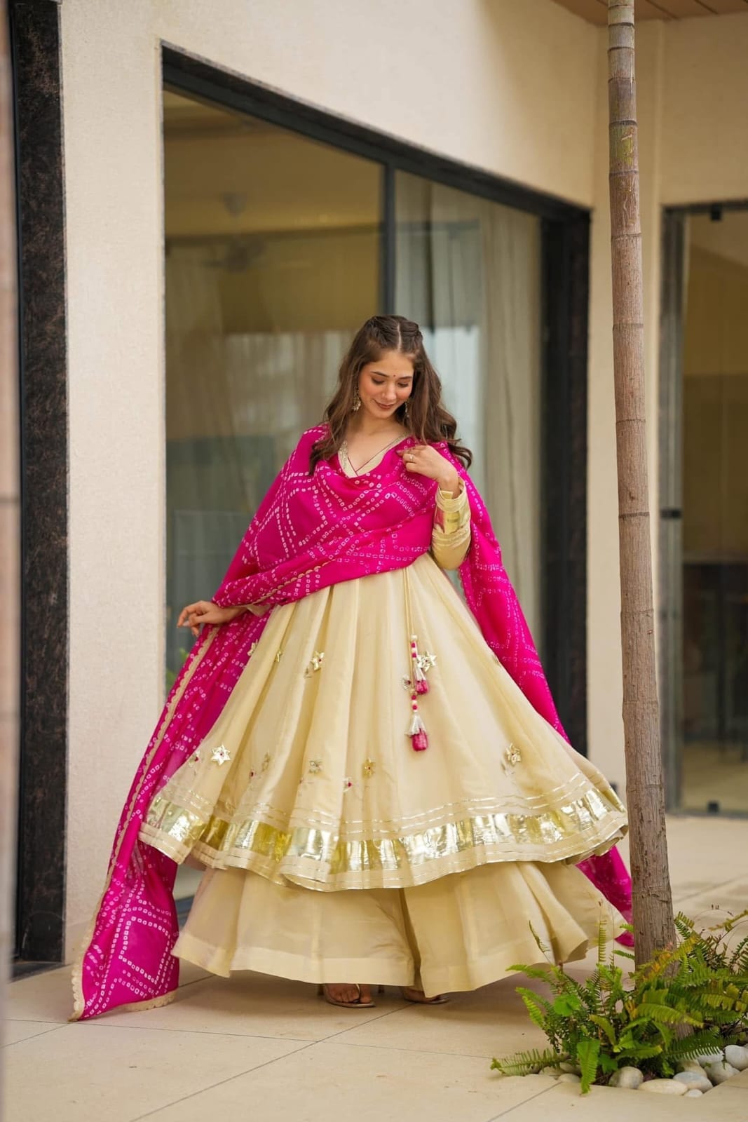 Cream Anarkali Set with Flared Palazzo & Dupatta