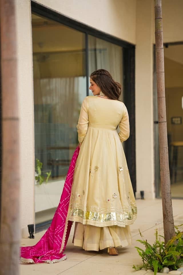 Cream Anarkali Set with Flared Palazzo & Dupatta