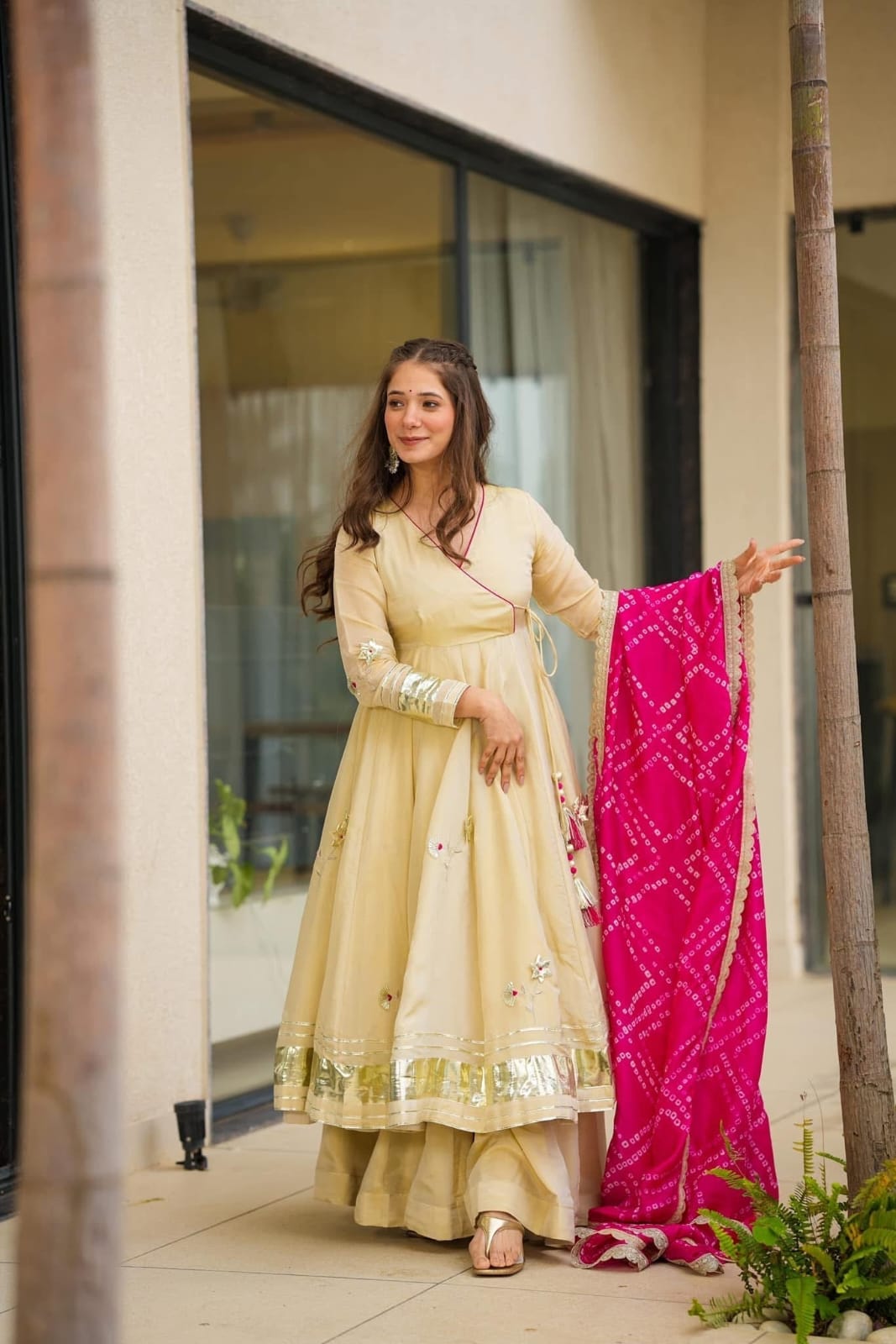 Cream Anarkali Set with Flared Palazzo & Dupatta