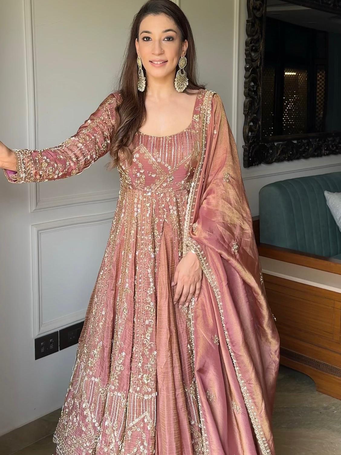Rose Blush Heavy Embroidered Anarkali Gown Lehenga Dupatta Set