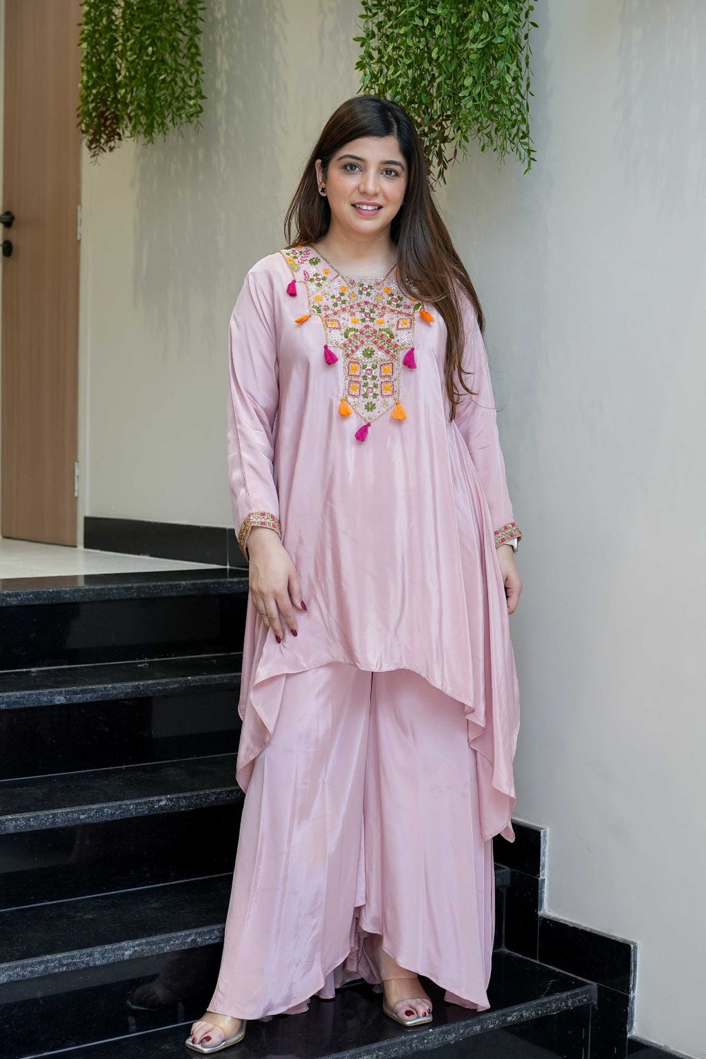 Pink Embroidered French Crepe Kurta Palazzo Set