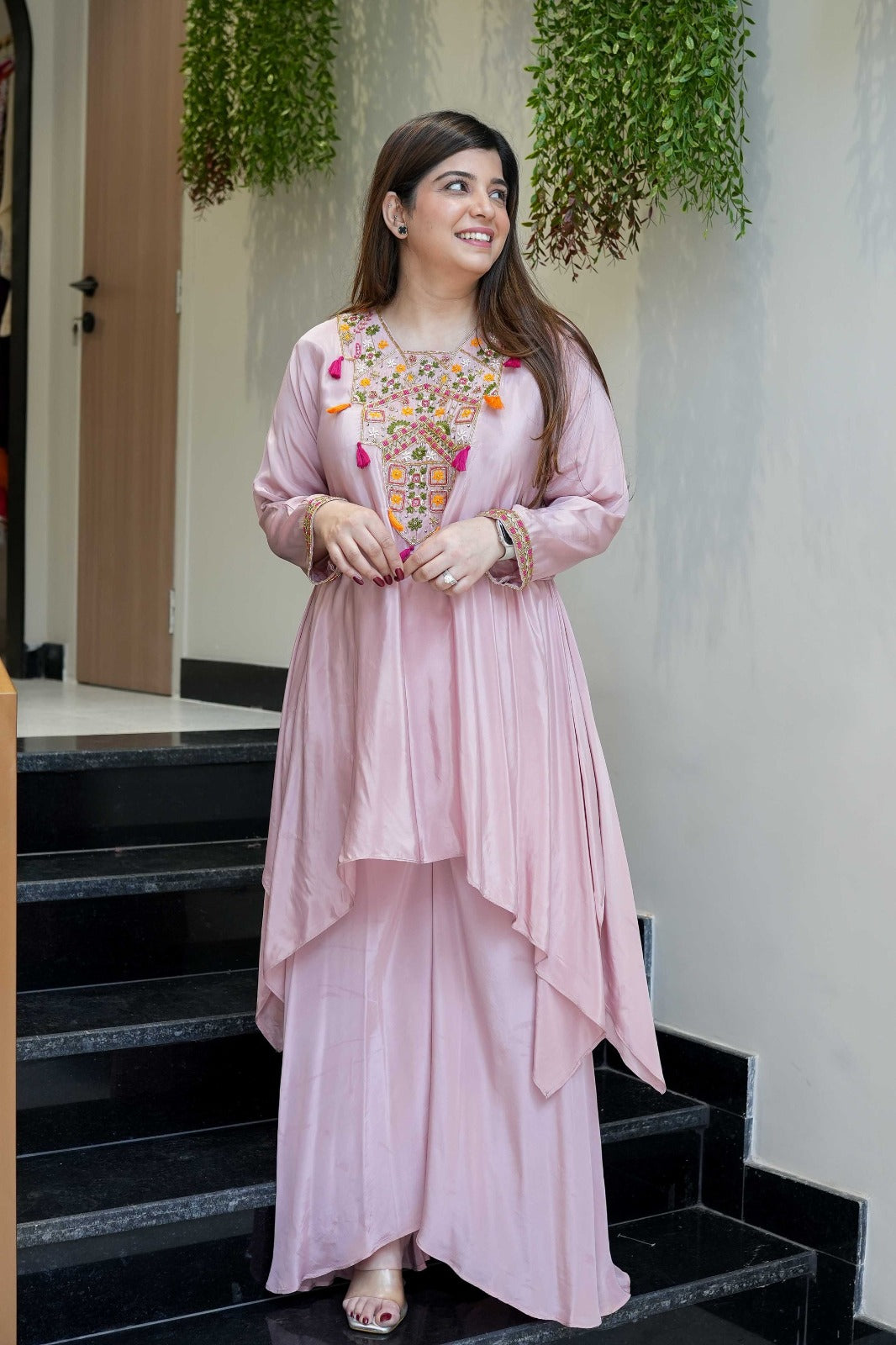 Pink Embroidered French Crepe Kurta Palazzo Set