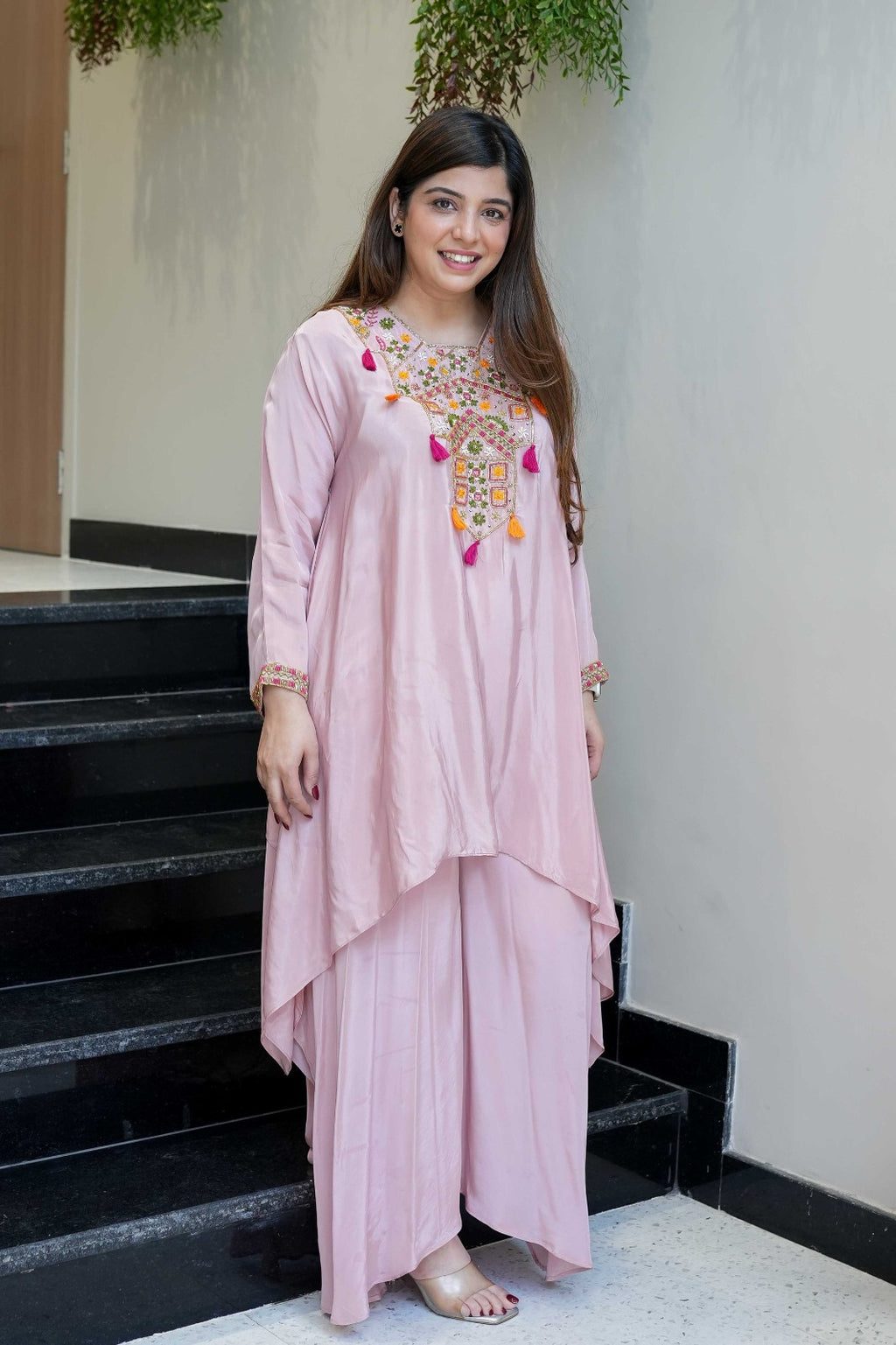 Pink Embroidered French Crepe Kurta Palazzo Set