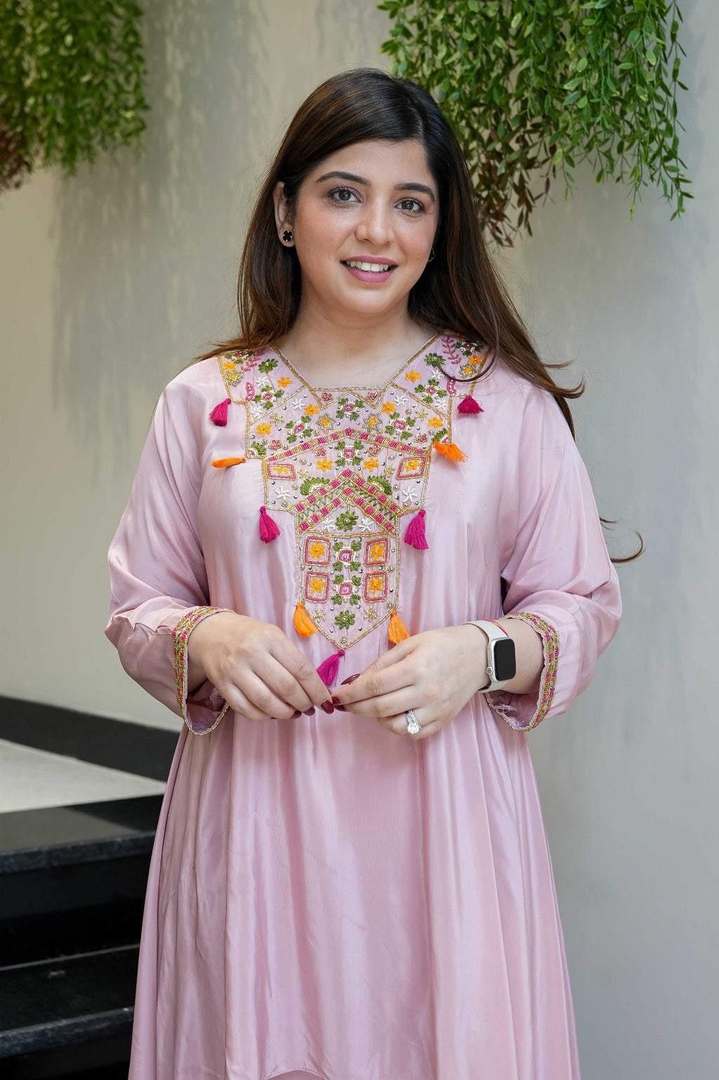 Pink Embroidered French Crepe Kurta Palazzo Set