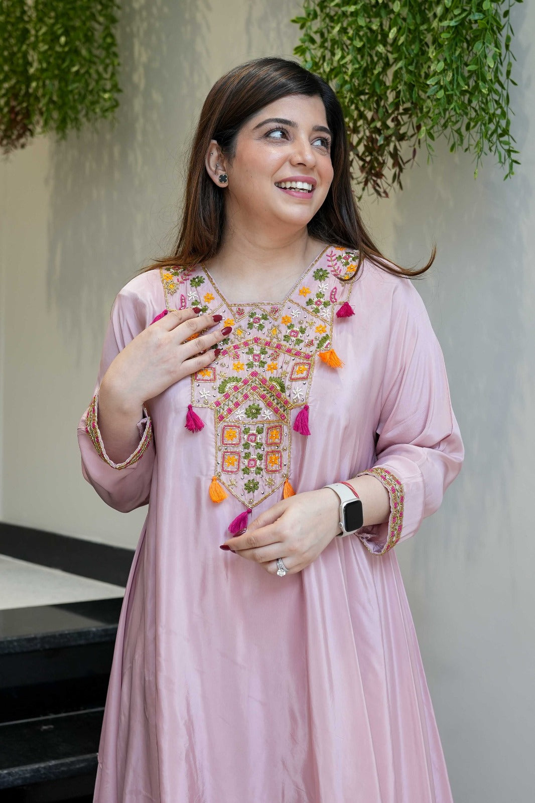 Pink Embroidered French Crepe Kurta Palazzo Set